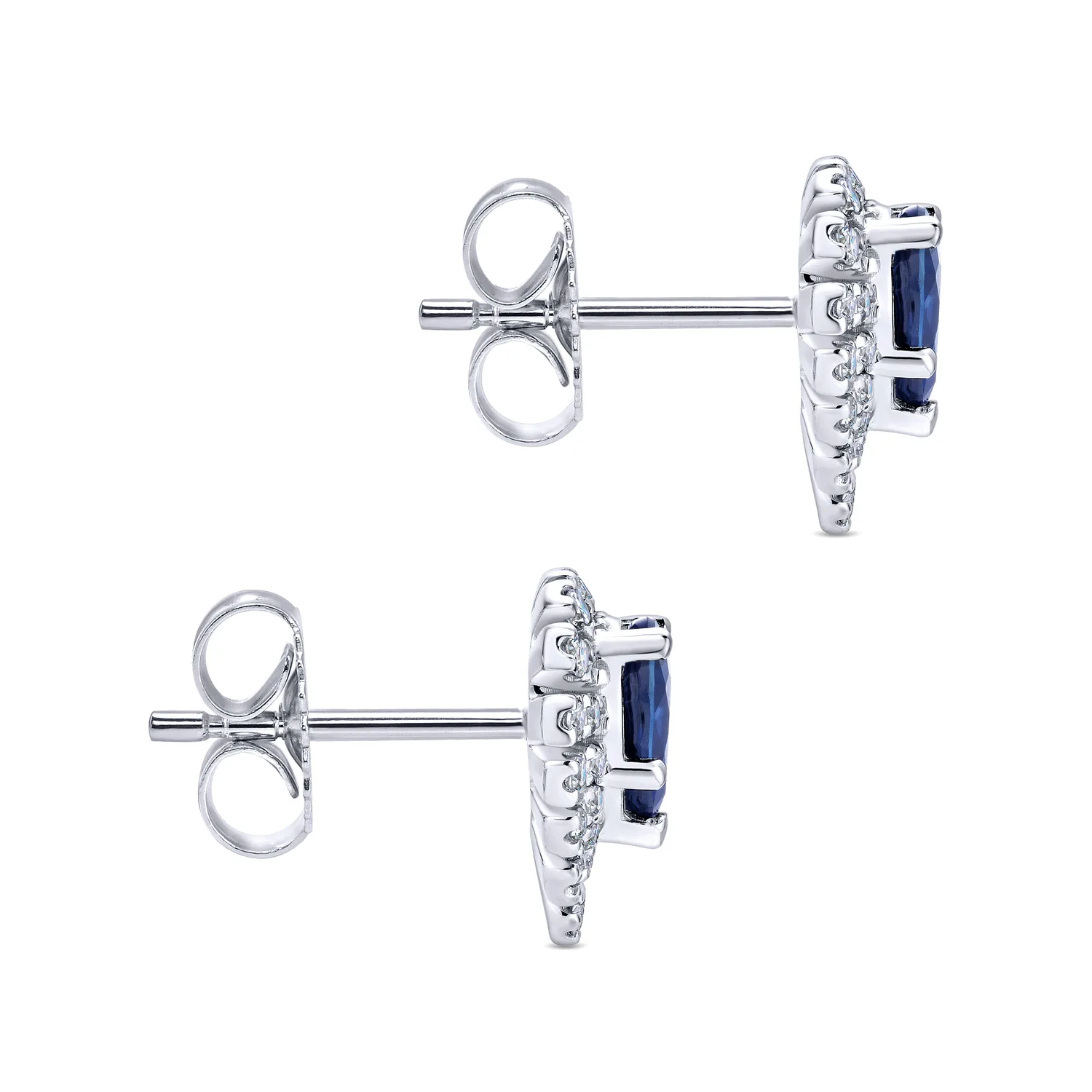 Pear Shaped Halo Diamond and Sapphire Stud Earrings in 14K White Gold, photograph 3