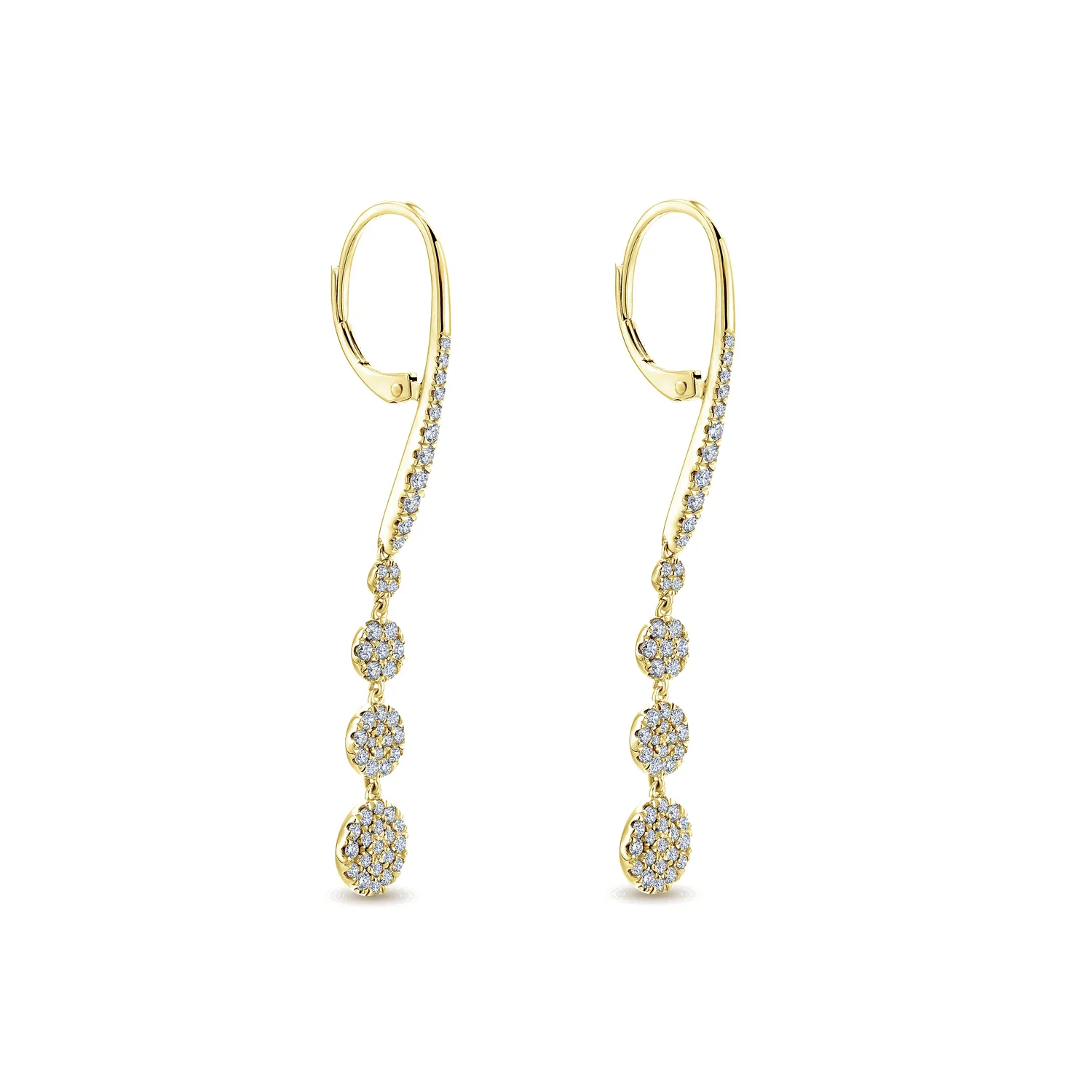 Long Graduating Circle Diamond Drop Earrings in 14K Yellow Gold, photograph 2