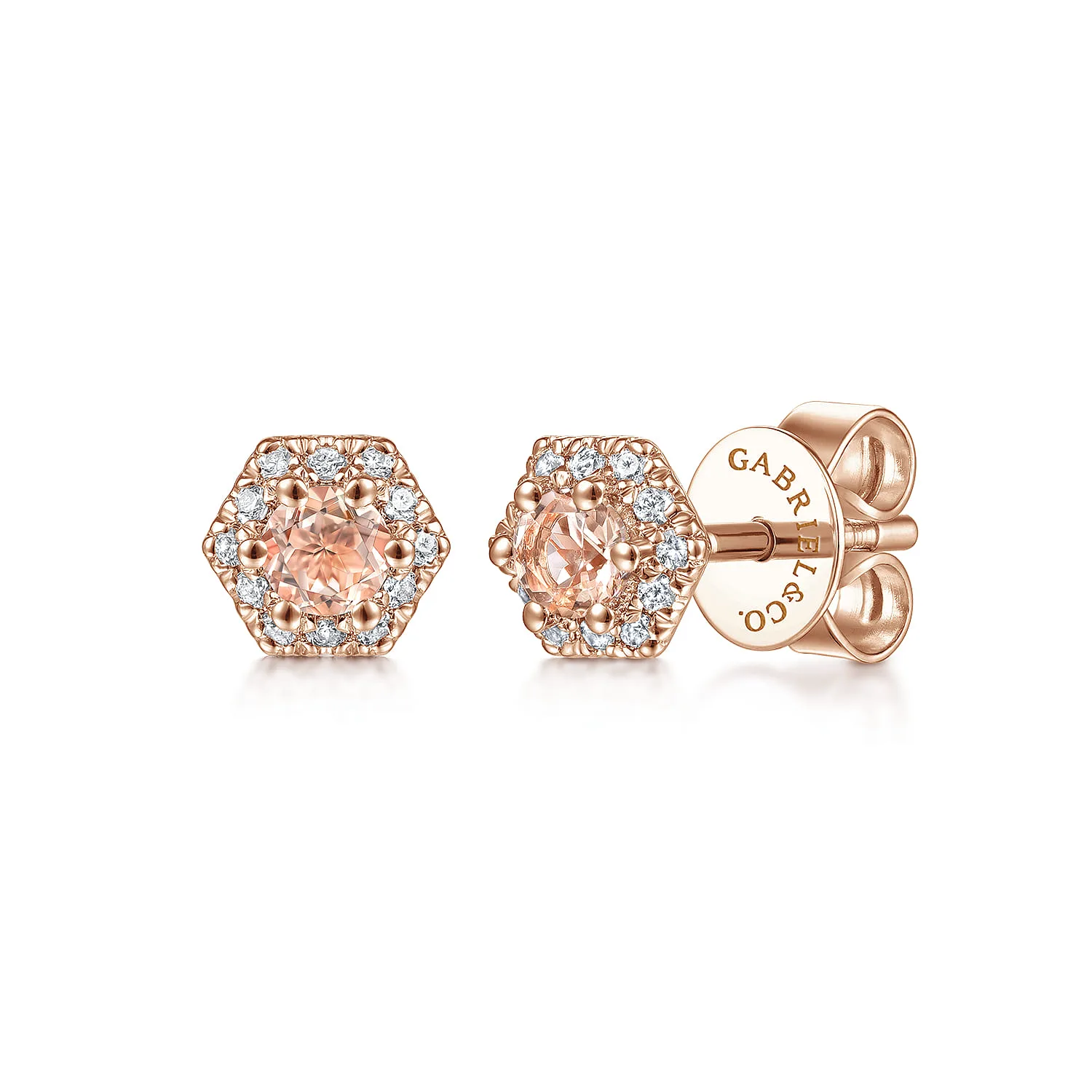 Hexagonal Morganite and Diamond Stud Earrings