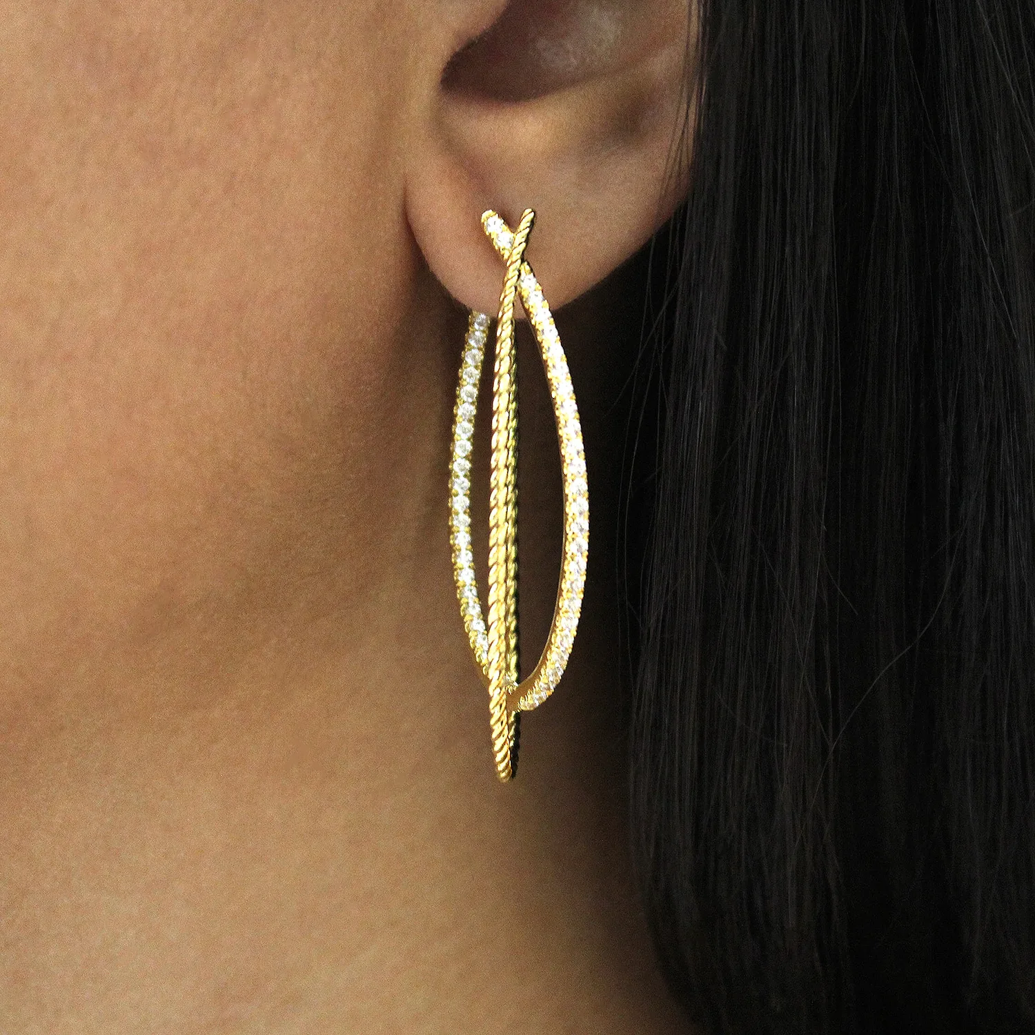 Intricate Twisted 45mm Diamond Hoop Earrings in 14K Yellow Gold, photograph 2