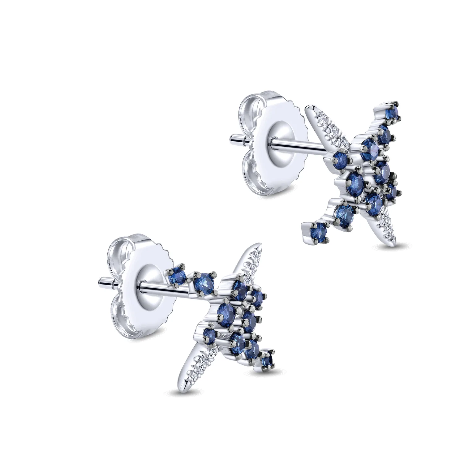 Modern Scattered Sapphire and Diamond Stud Earrings in 14K White Gold, photograph 3