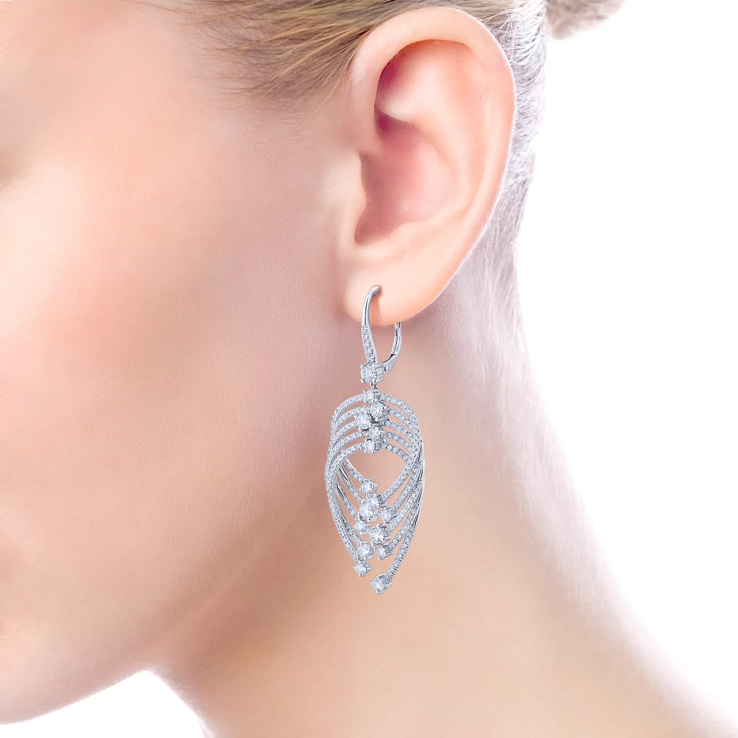 Layered Teardrop Diamond Drop Earrings in 18K White Gold, photograph 3