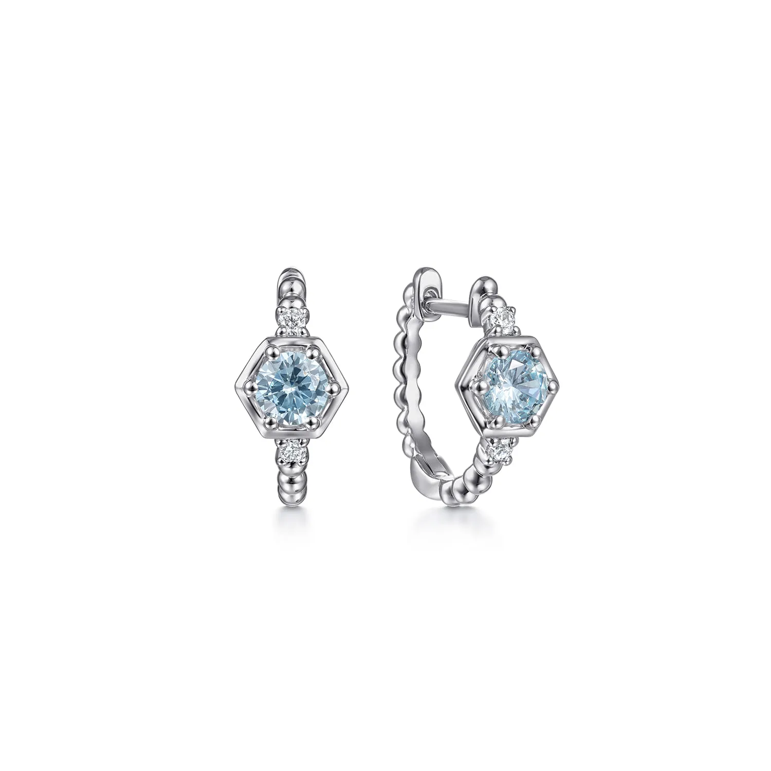 Hexagonal Aquamarine and Diamond Huggies Earrings
