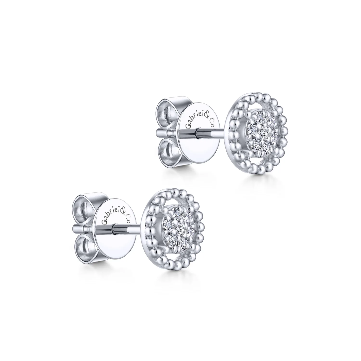 Beaded Halo Diamond Pave Stud Earrings in 14K White Gold, photograph 2
