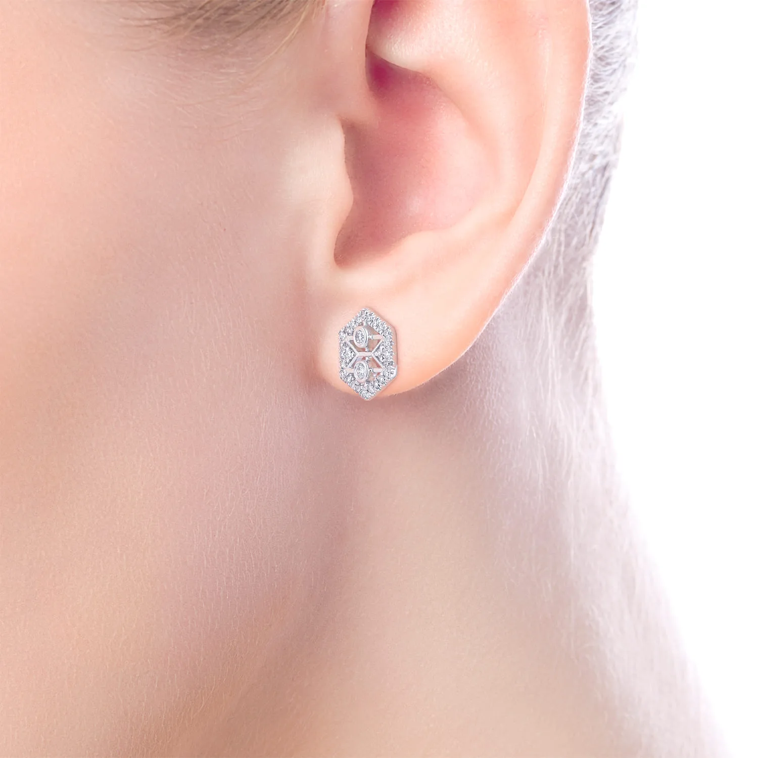 Hexagonal Open Diamond Stud Earrings in 14K White Gold, photograph 2