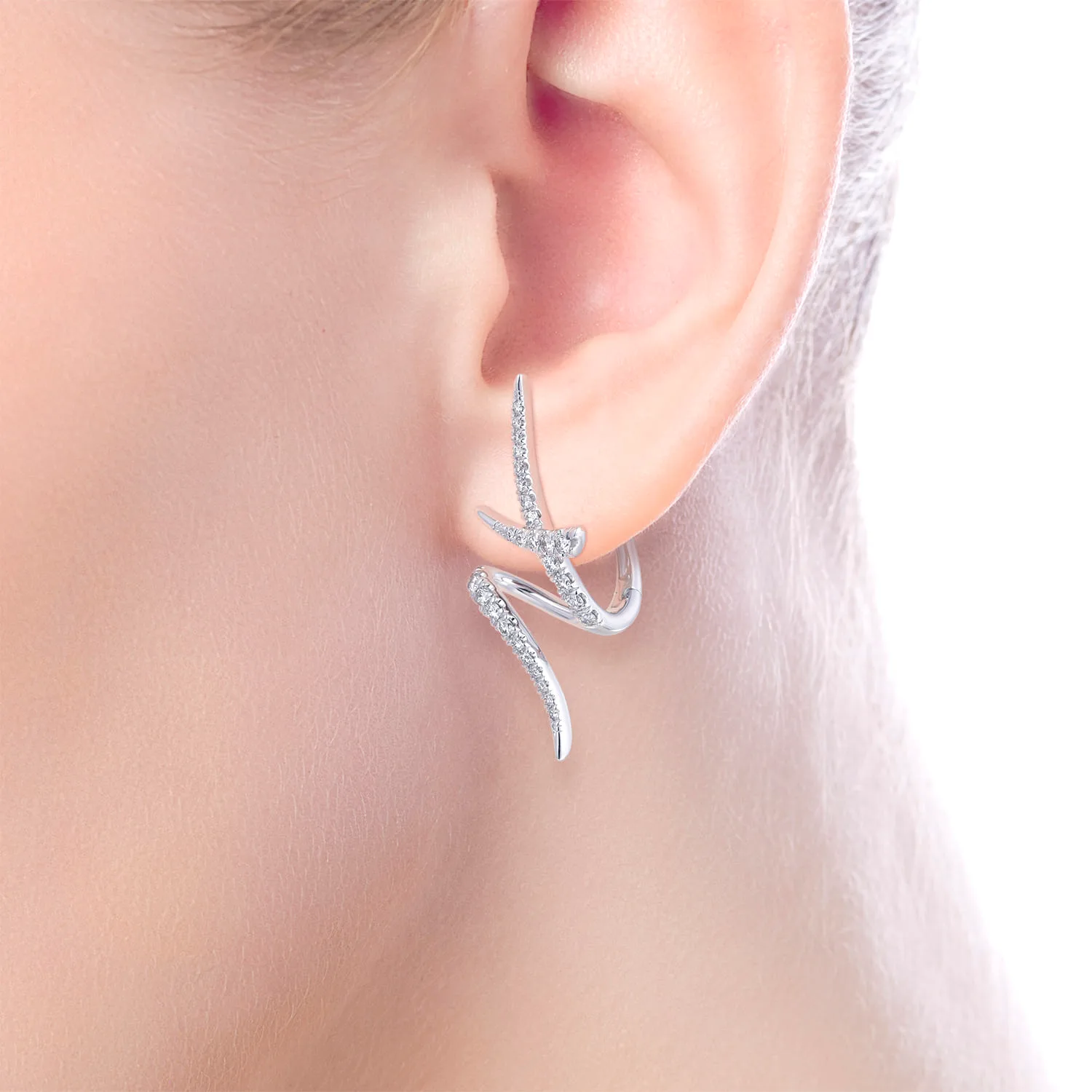Swirling 30mm Diamond Huggies in 14K White Gold, photograph 2
