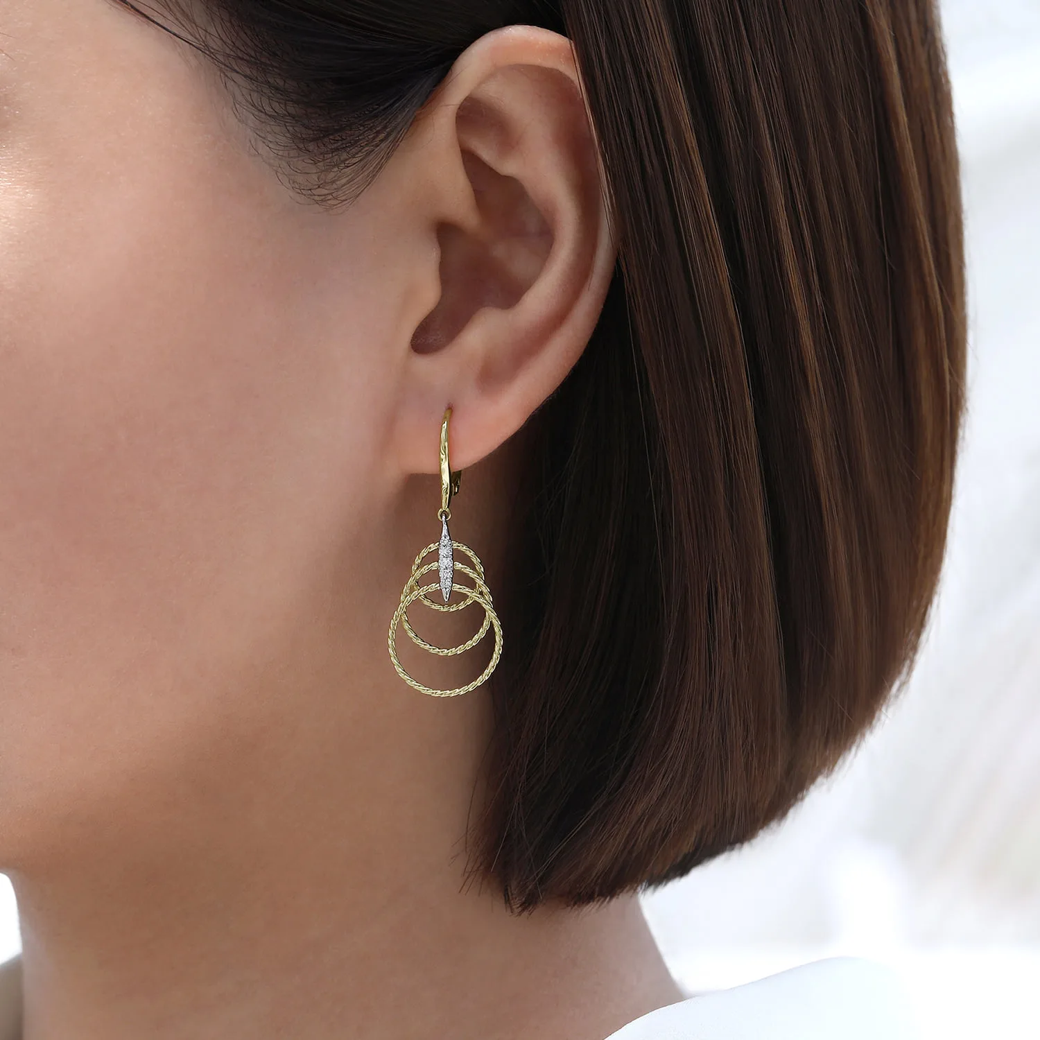 Twisted Rope Triple Loop Diamond Drop Earrings in 14K White/Yellow Gold, photograph 2