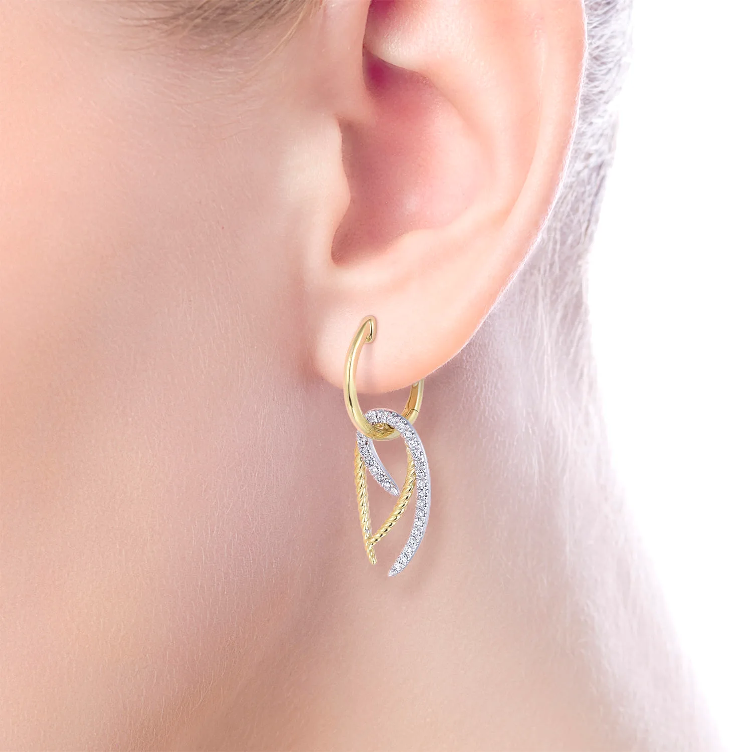 Twisted Rope and Diamond Hook Huggies in 14K White/Yellow Gold, photograph 2