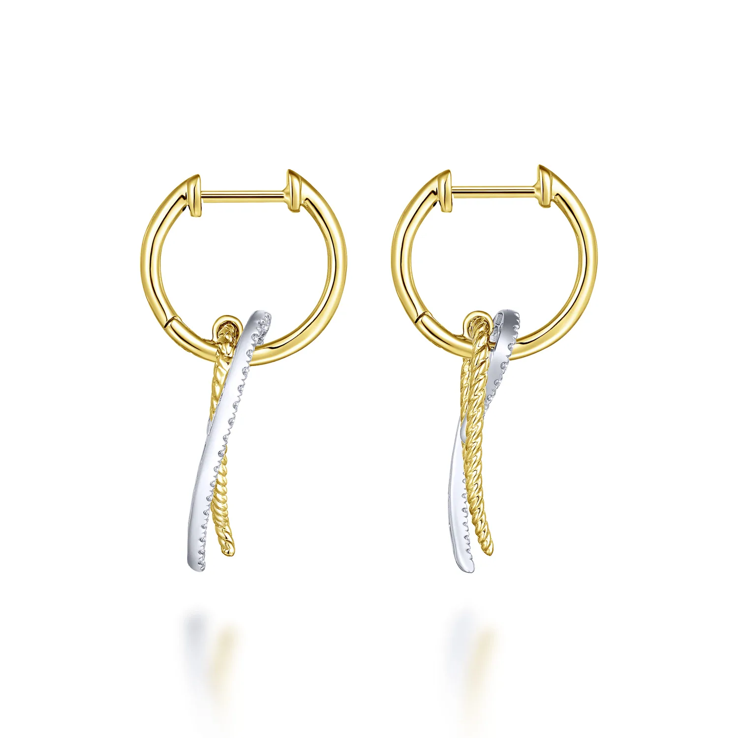 Twisted Rope and Diamond Hook Huggies in 14K White/Yellow Gold, photograph 3