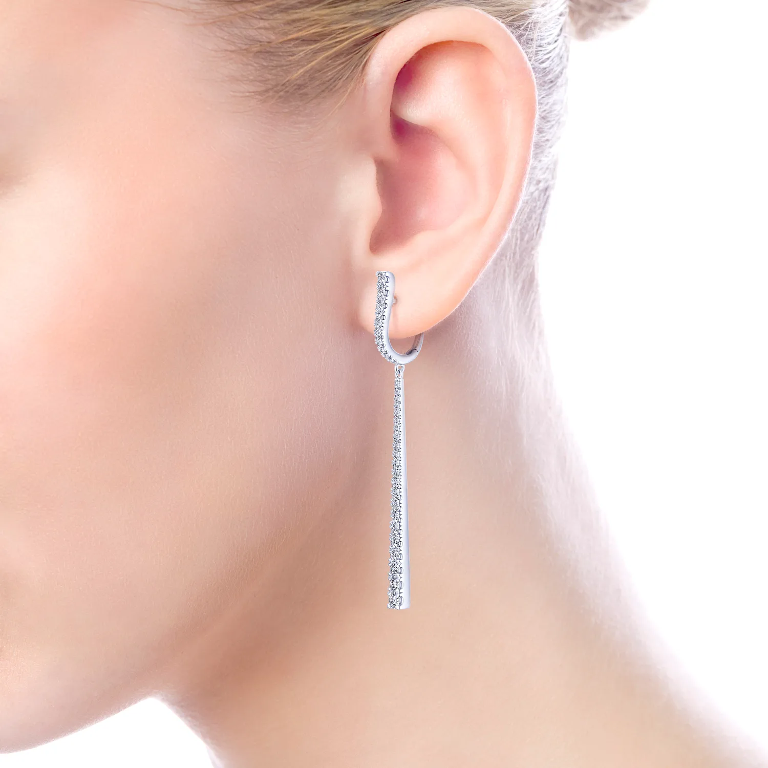 Long Diamond Bar Huggies in 18K White Gold, photograph 2