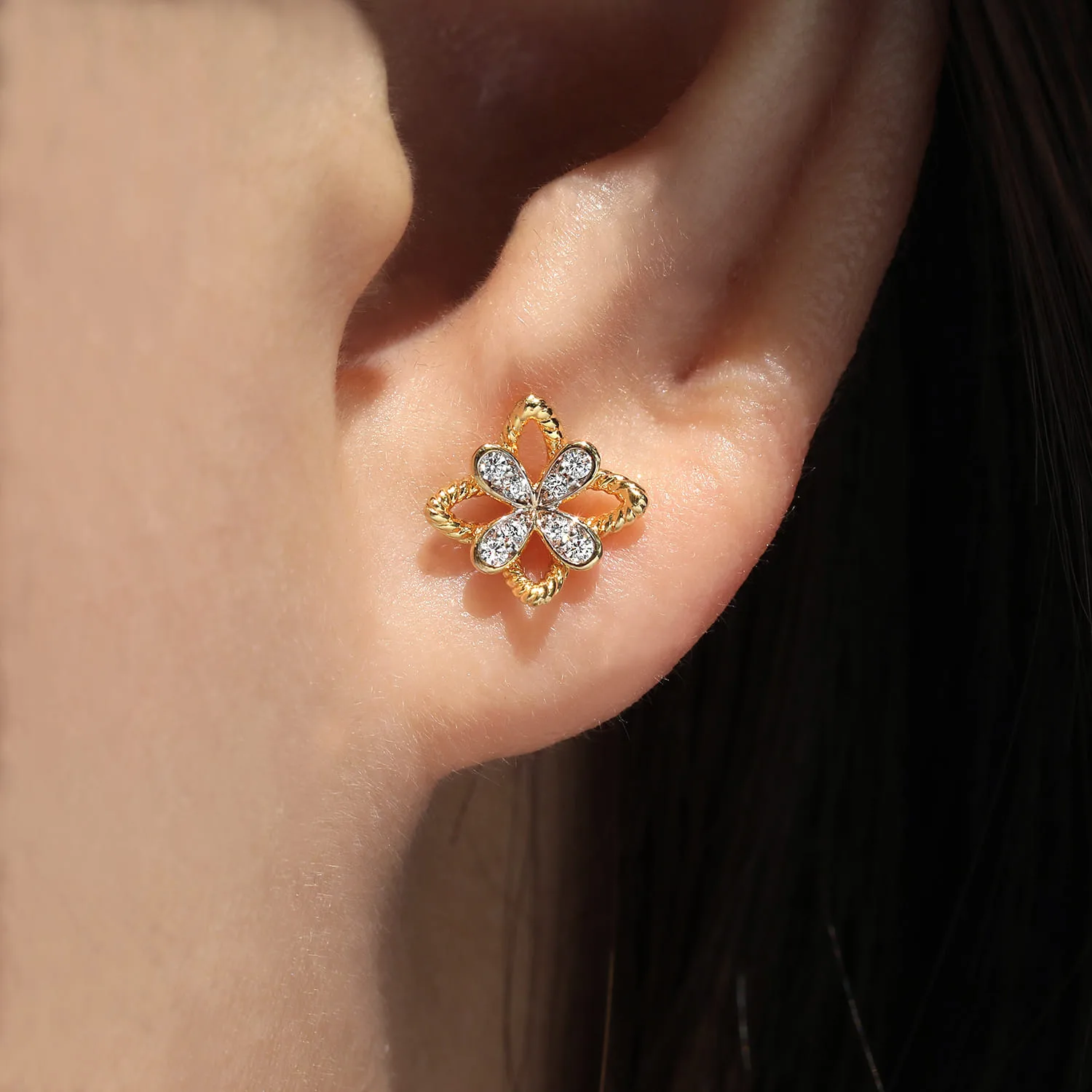 Floral Diamond Stud Earrings in 14K Yellow Gold, photograph 2