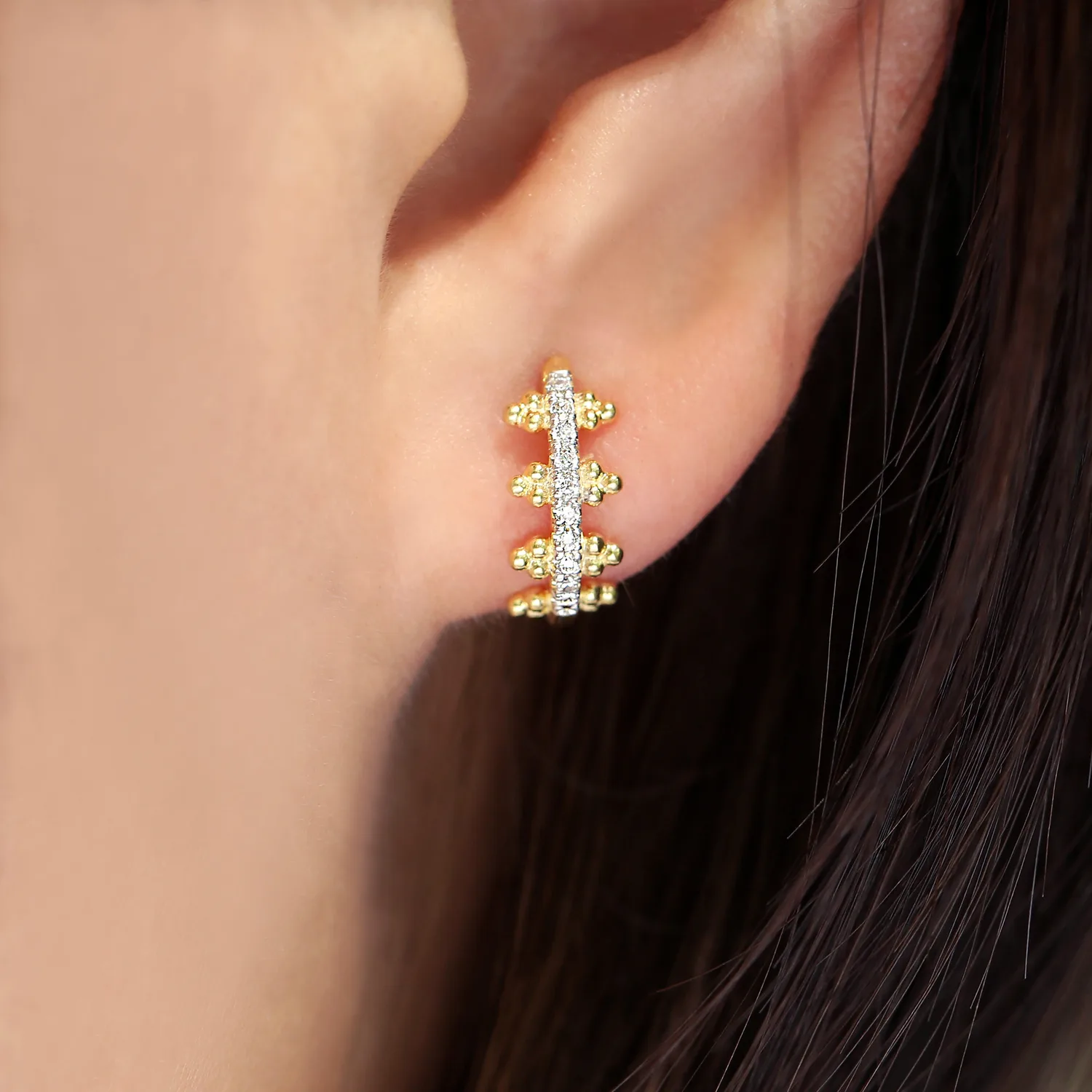 Beaded Pave 10mm Diamond Huggies in 14K Yellow Gold, photograph 2
