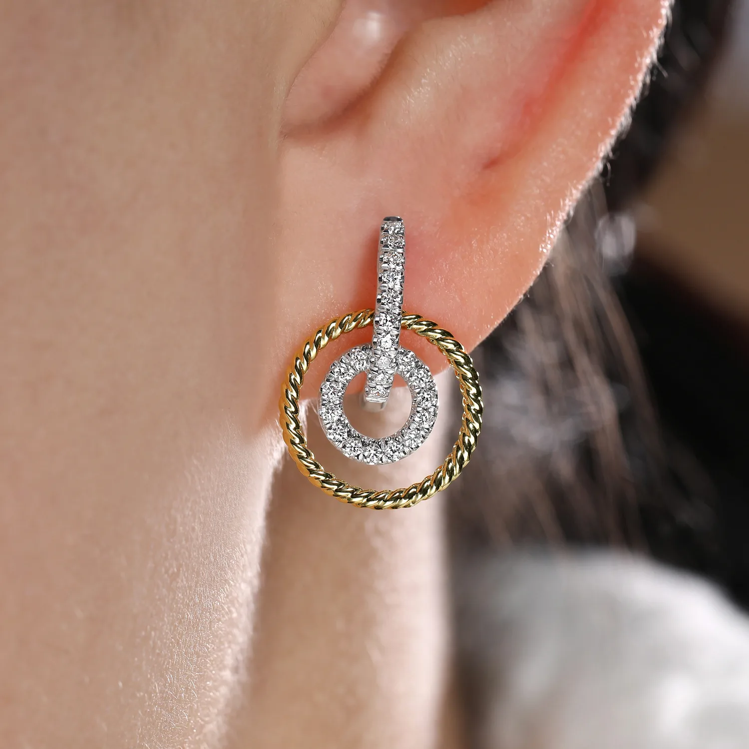 Layered Loop 20mm Diamond Huggie Drop Earrings in 14K White/Yellow Gold, photograph 2