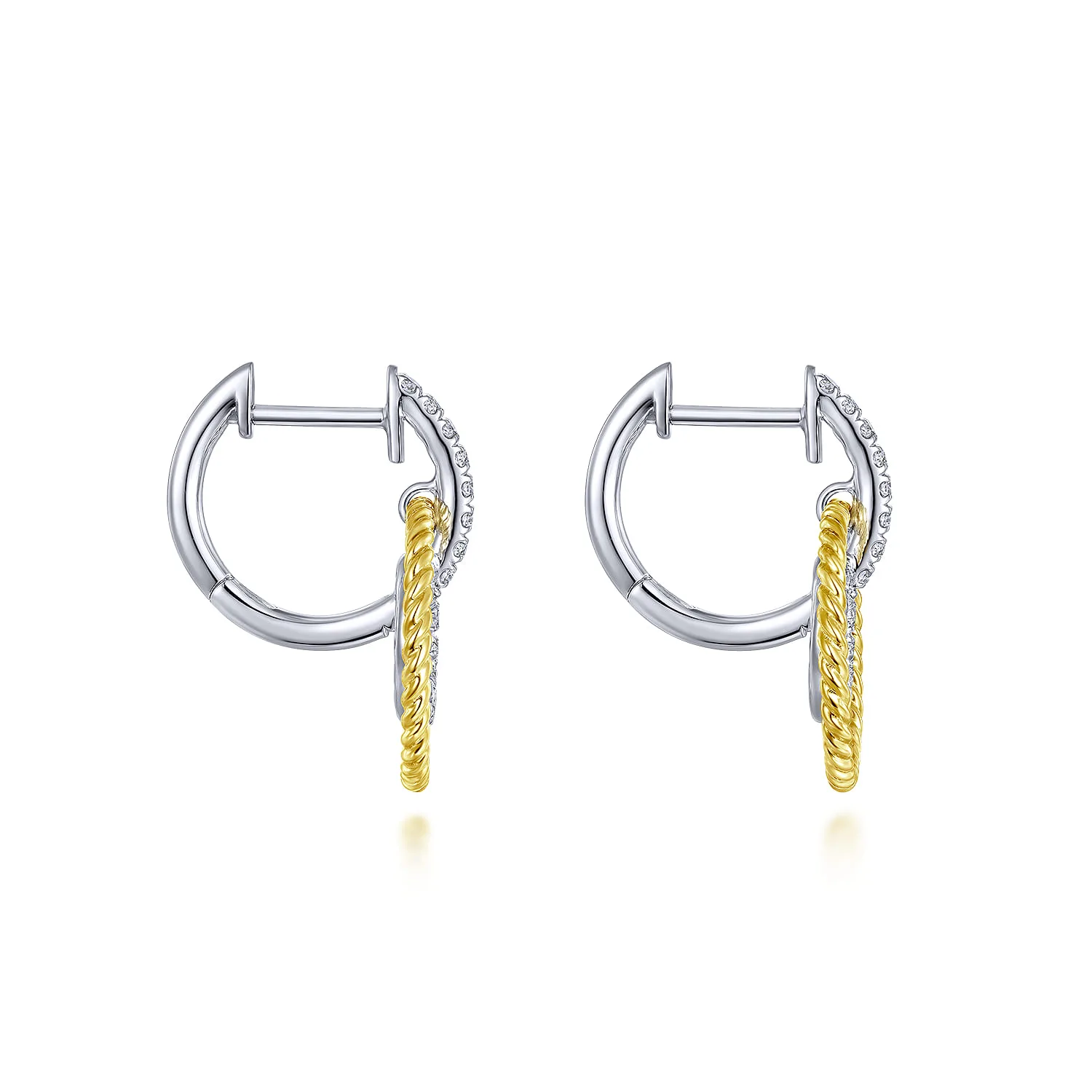 Layered Loop 20mm Diamond Huggie Drop Earrings in 14K White/Yellow Gold, photograph 3