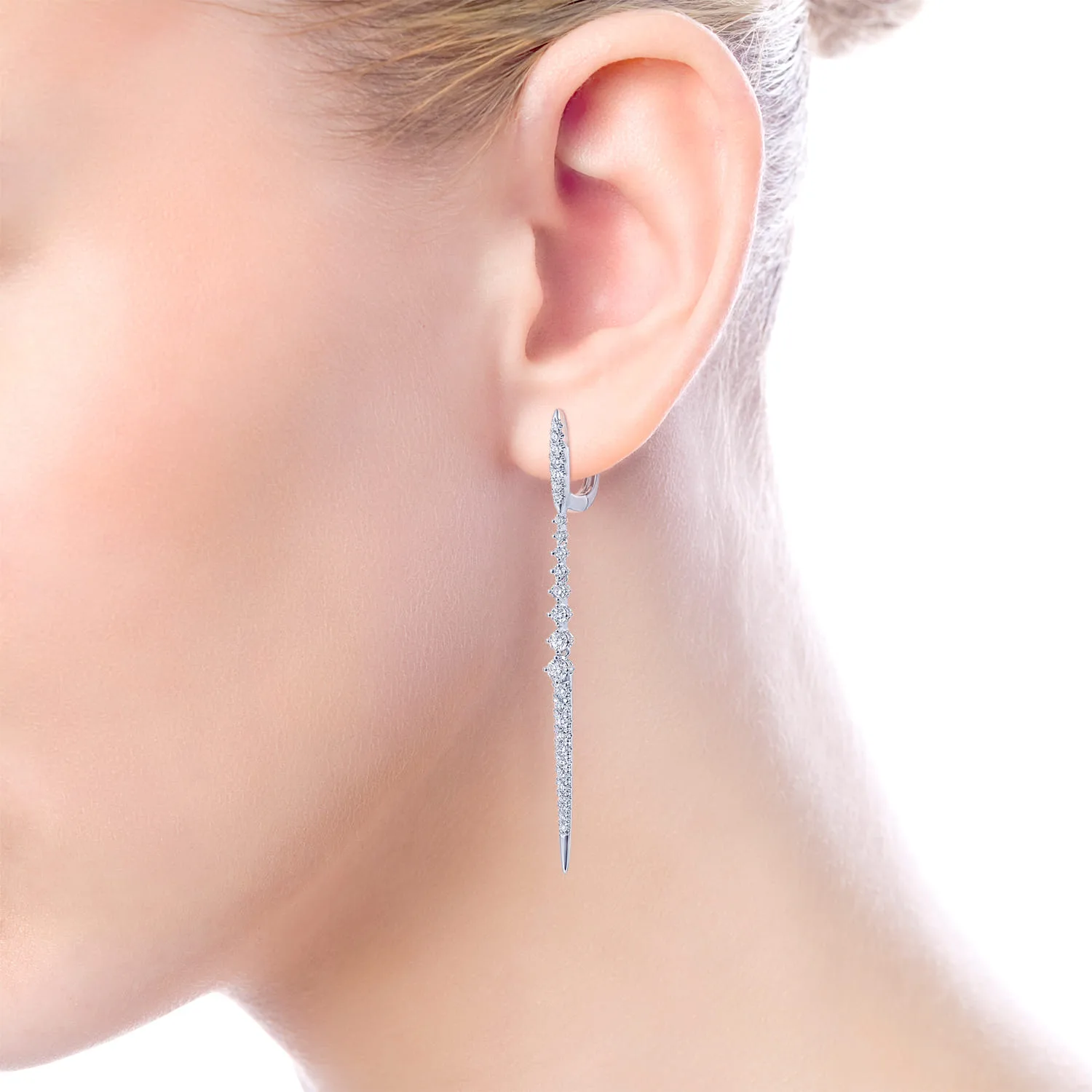 Linear Diamond Drop Earrings in 14K White Gold, photograph 2