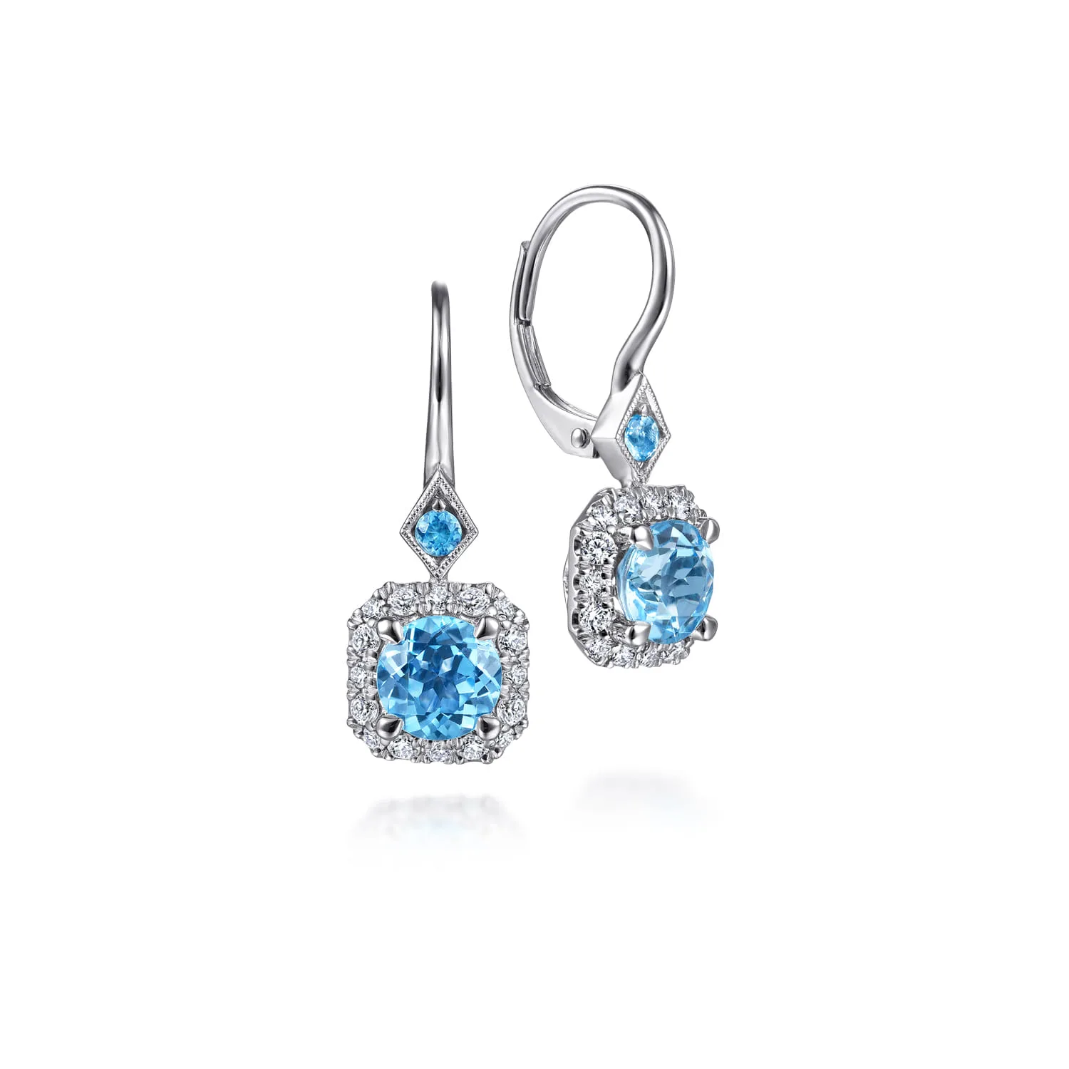 Swiss Blue Topaz with Diamond Halo Leverback Earrings