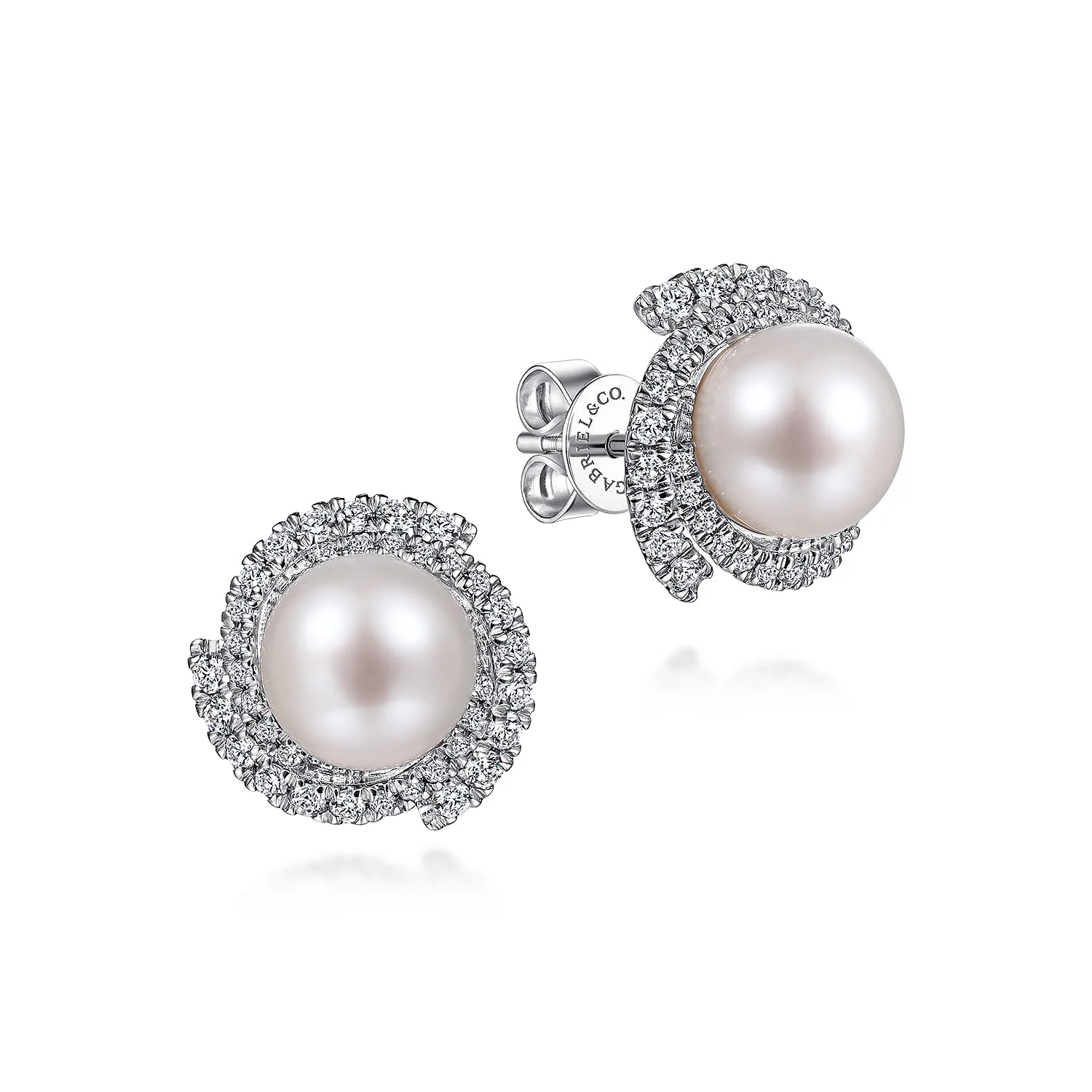 Round Cultured Pearl Swirling Diamond Halo Stud Earrings