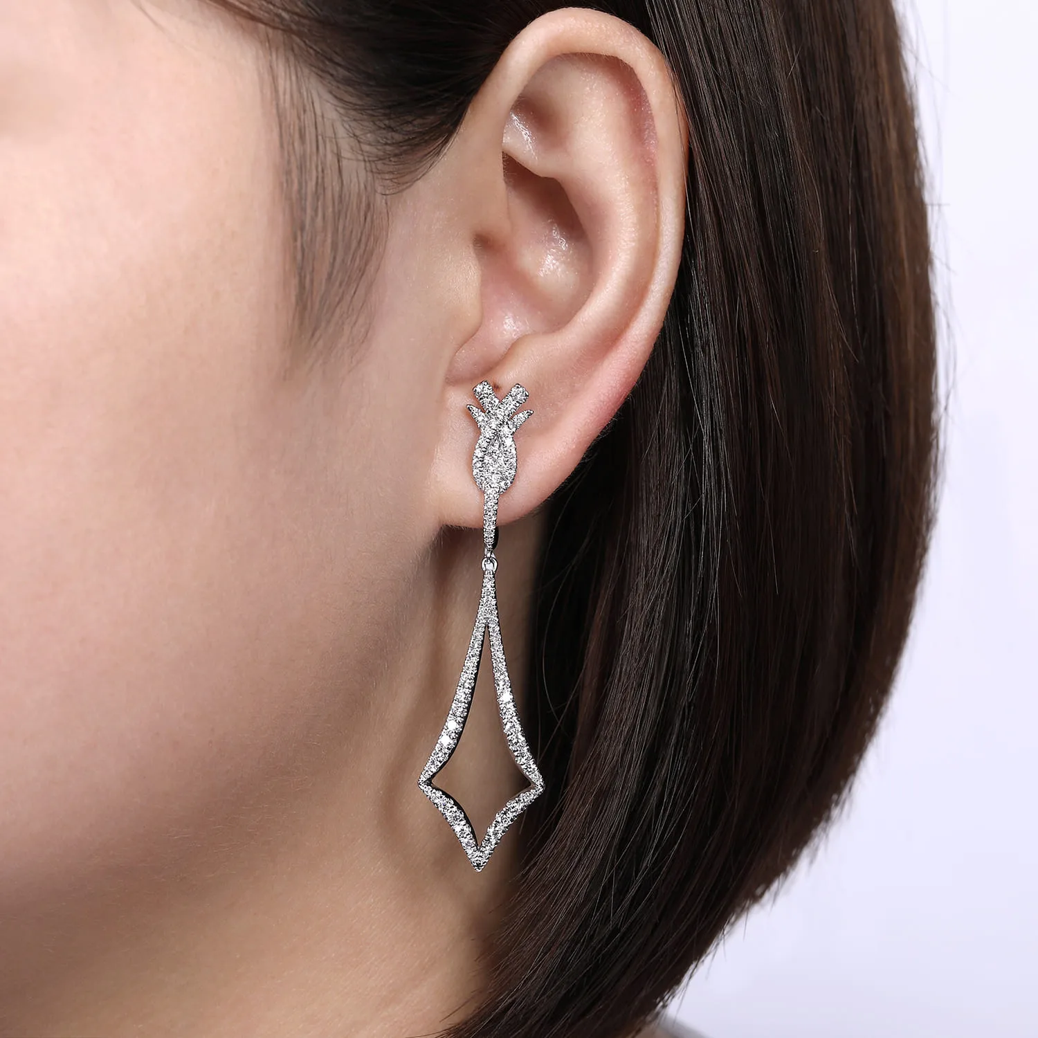 Diamond Kite Drop Huggies in 18K White Gold, photograph 2