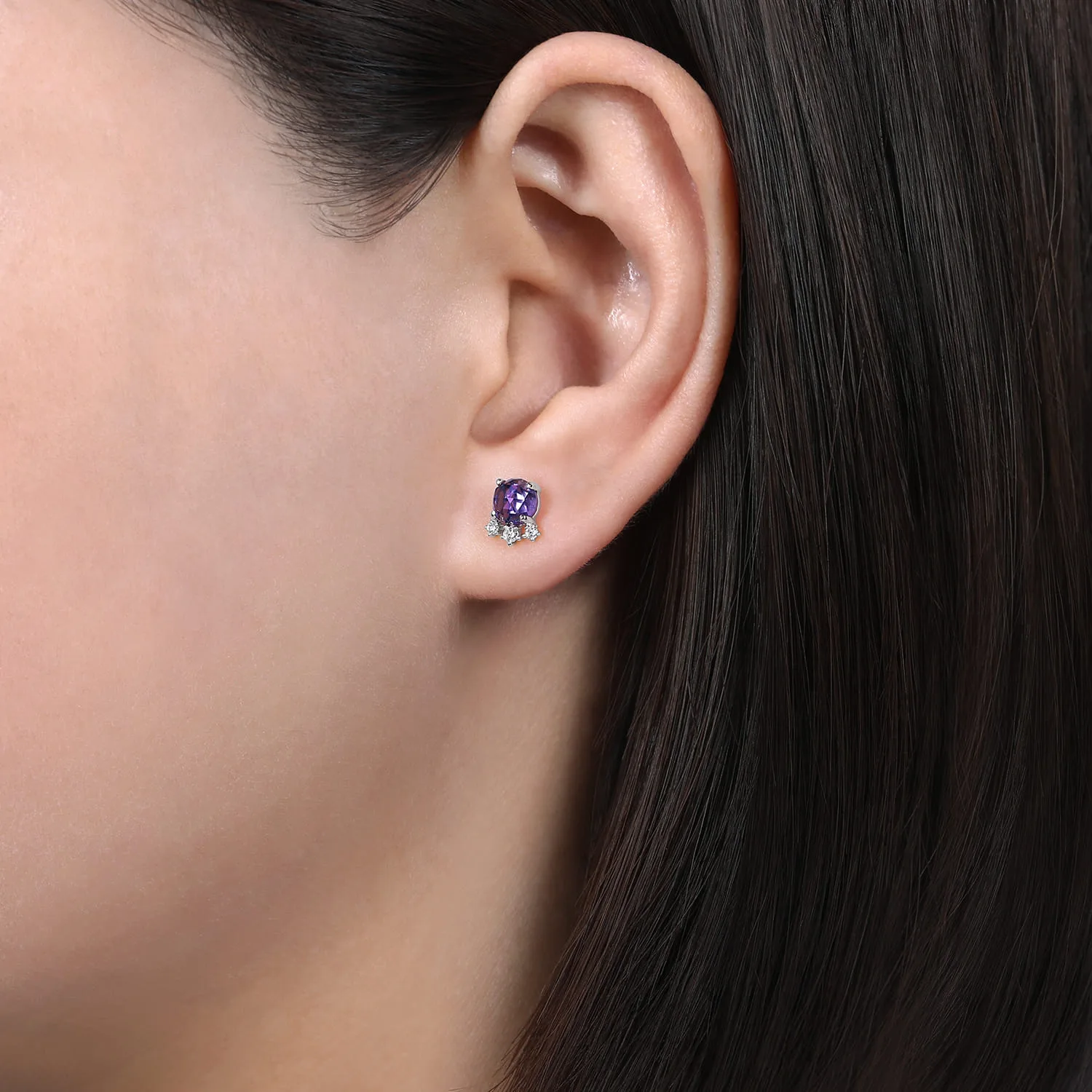 Round Amethyst and Diamond Accent Stud Earrings in 14K White Gold, photograph 2
