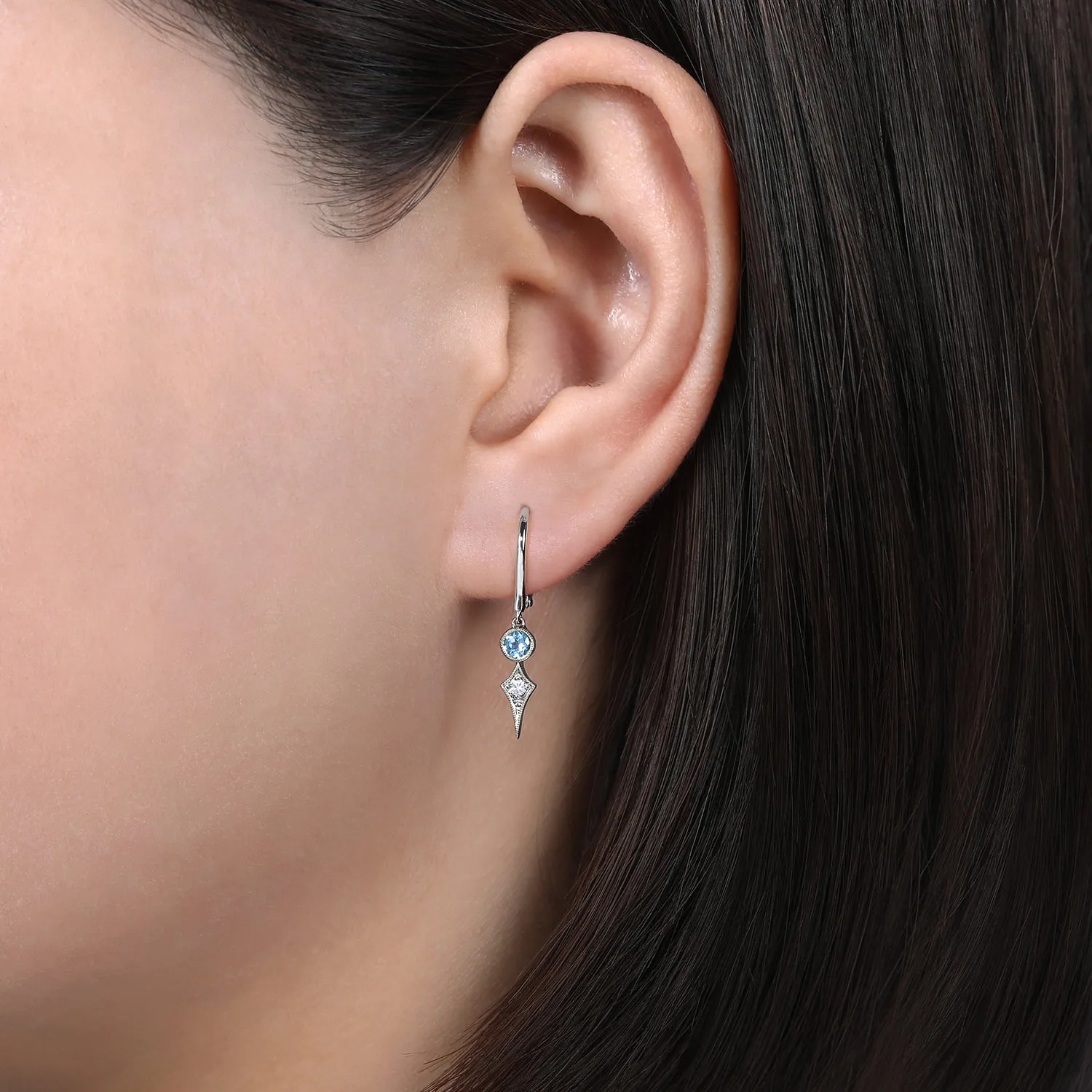 Blue Topaz and Spiked Diamond Kite Drop Earrings in 14K White Gold, photograph 2
