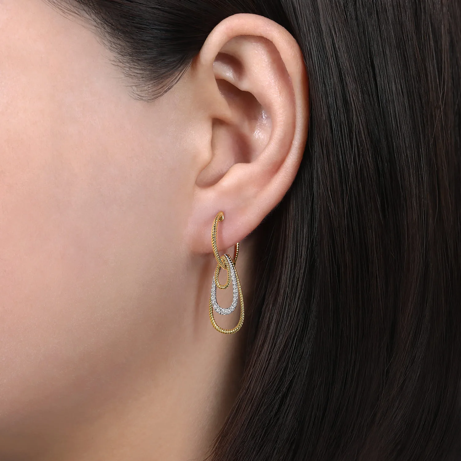 Diamond Huggie Earrings With Graduating Teardrops in 14K White/Yellow Gold, photograph 2