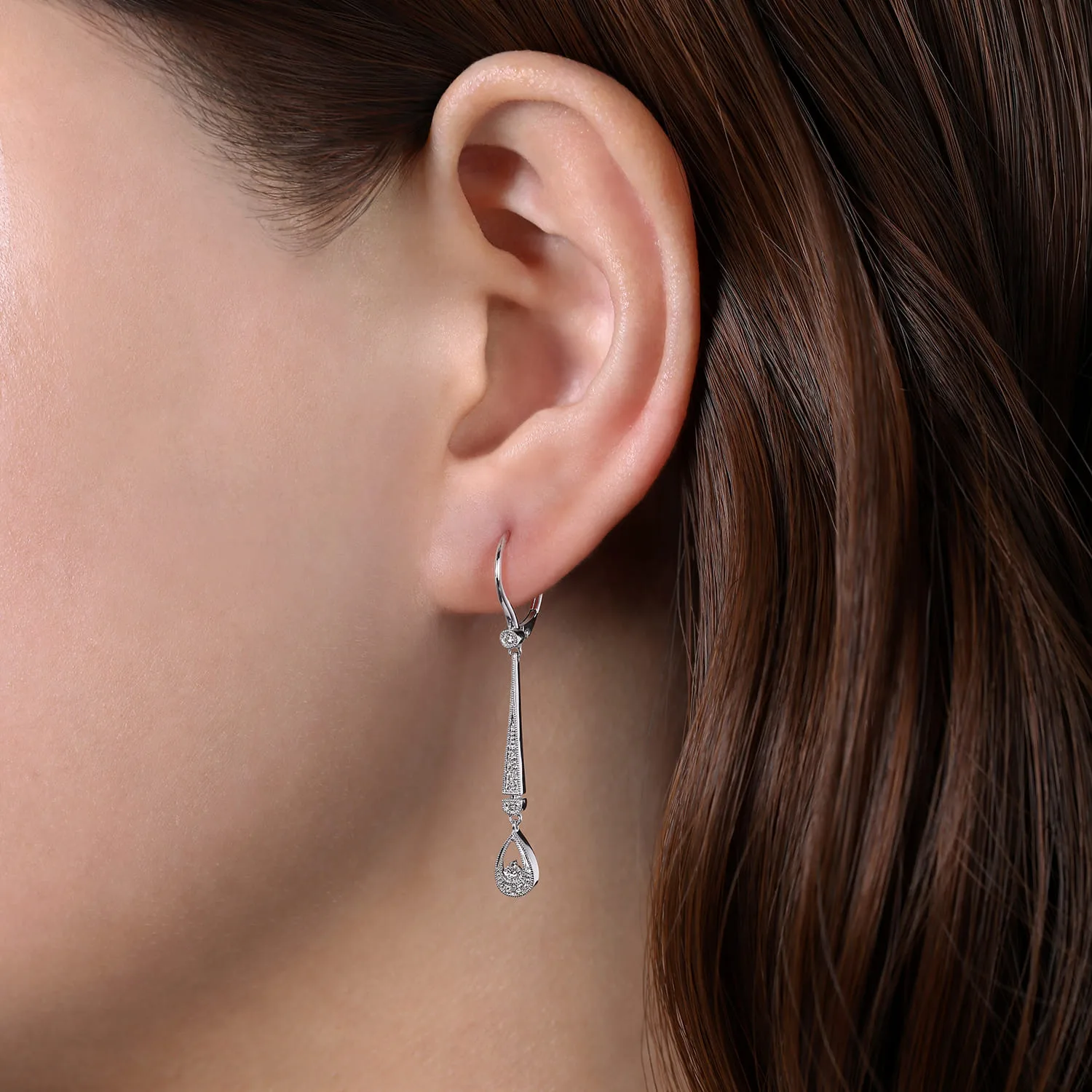 Diamond Bar Leverback Earrings in 14K White Gold, photograph 2