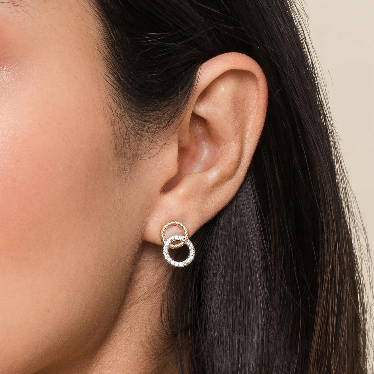 Open Circle Twisted Rope and Diamond Stud Earrings in 14K White/Yellow Gold, photograph 2