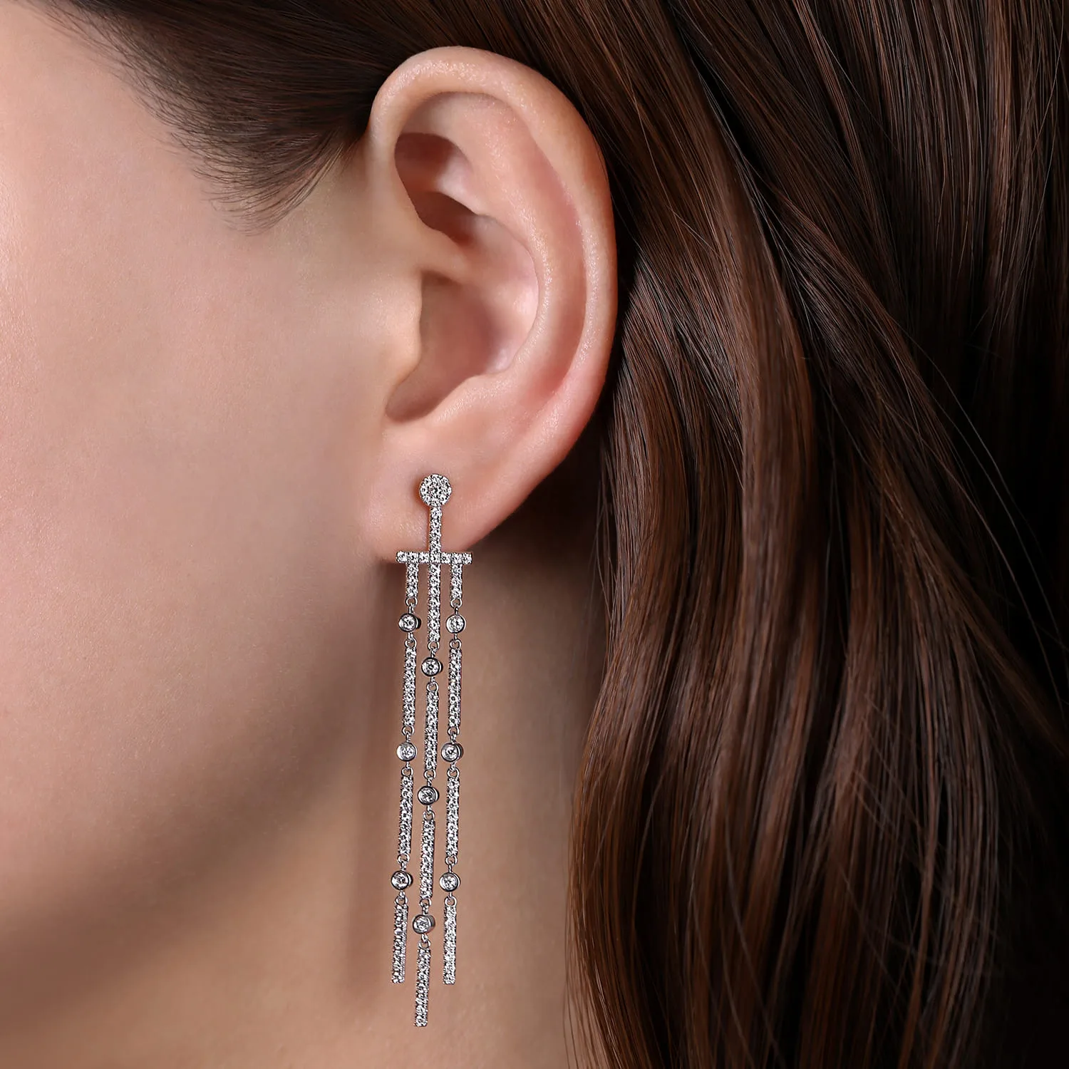 Three Row Linear Drop Diamond Stud Earrings in 18K White Gold, photograph 2