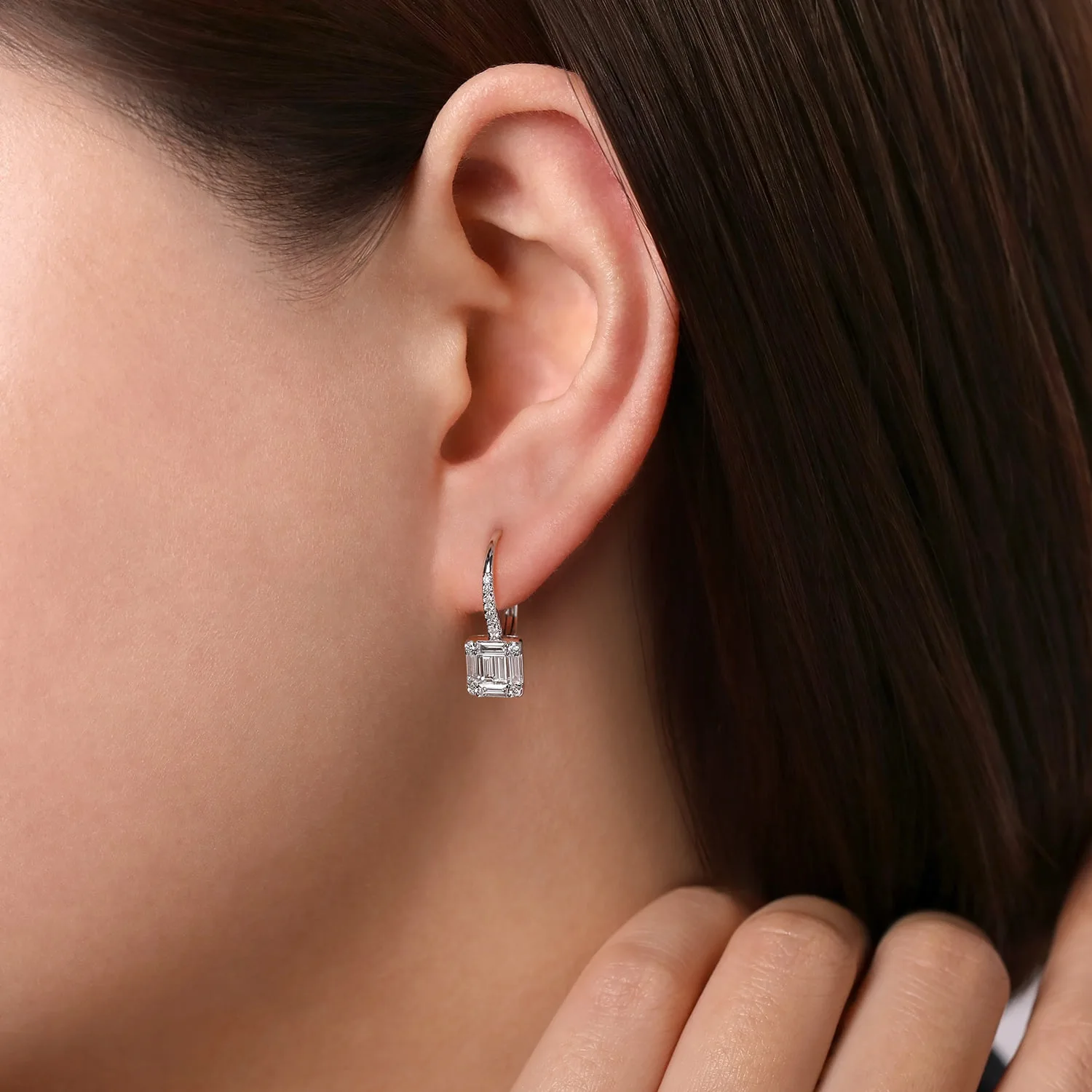 Baguette and Diamond Leverback Earrings in 14K White Gold, photograph 2