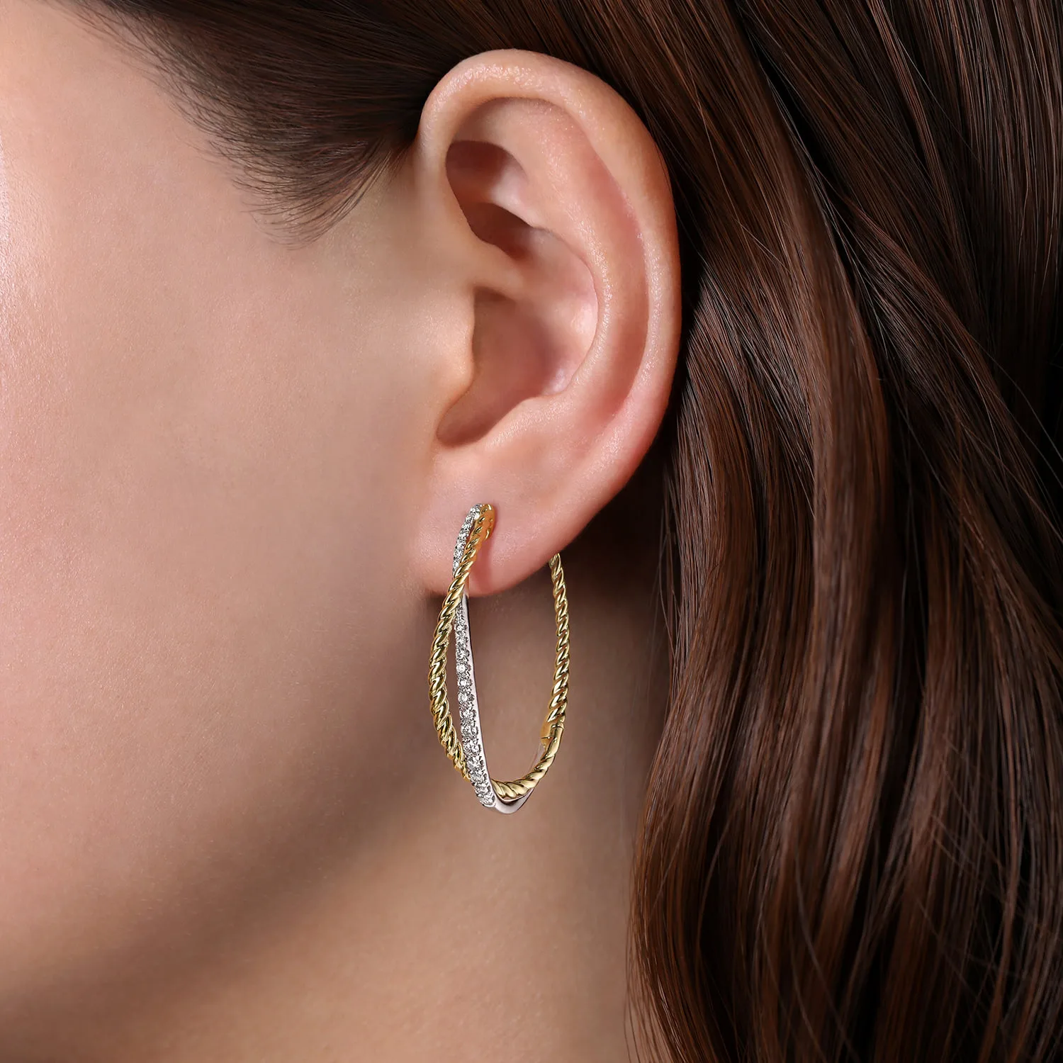 Twisted 35mm Classic Diamond Hoop Earrings in 14K White/Yellow Gold, photograph 2