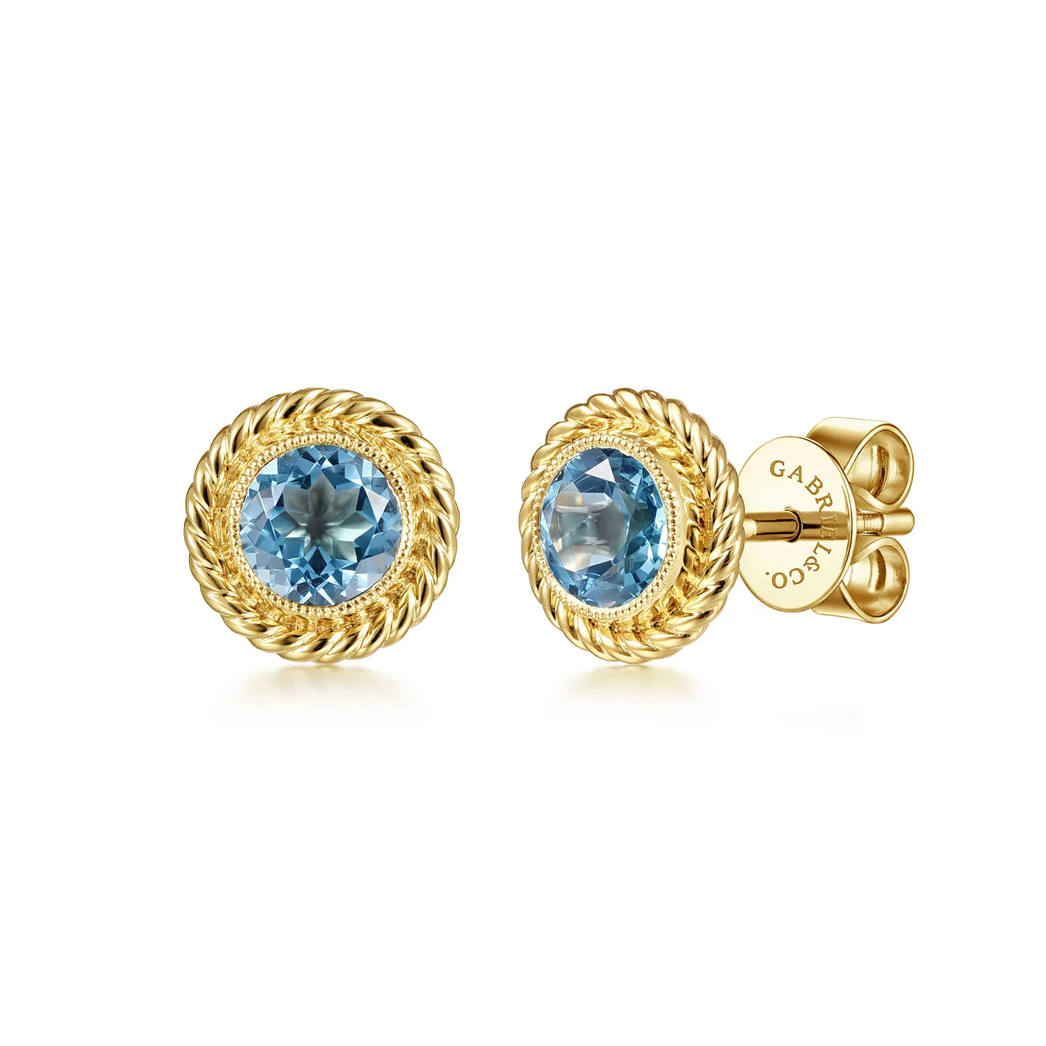 Round Blue Topaz and Twisted Rope Frame Stud Earrings