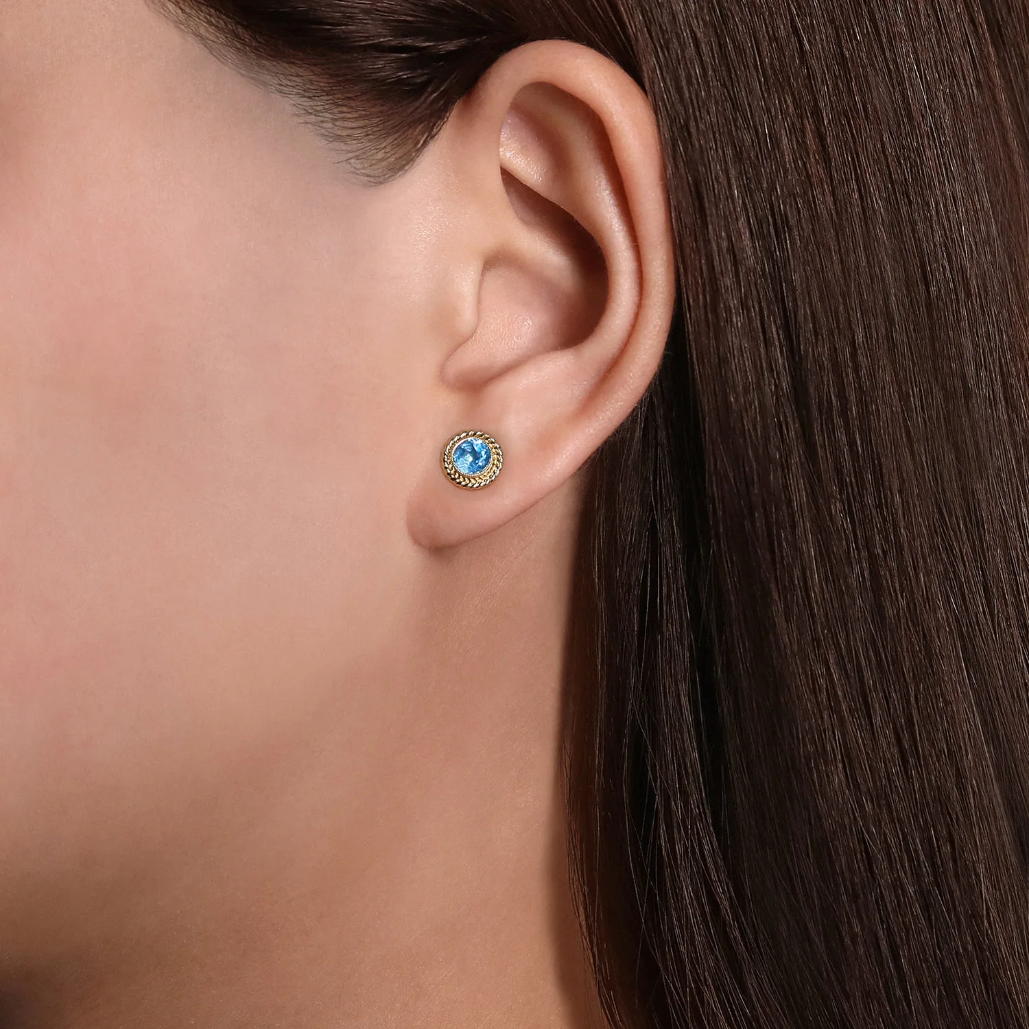 Round Blue Topaz and Twisted Rope Frame Stud Earrings in 14K Yellow Gold, photograph 2