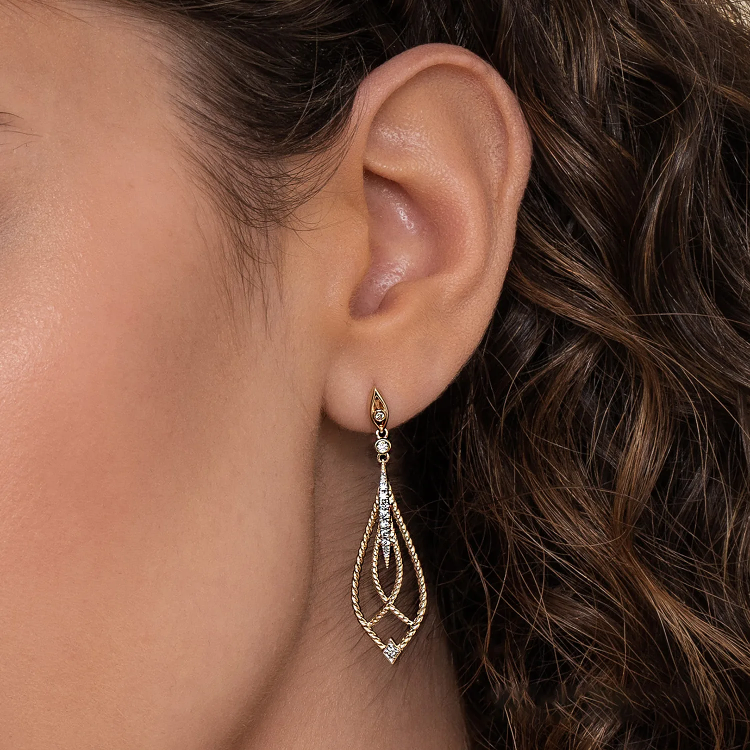 Open Twisted Rope Drop Earrings with Diamond Accents in 14K Yellow Gold, photograph 2