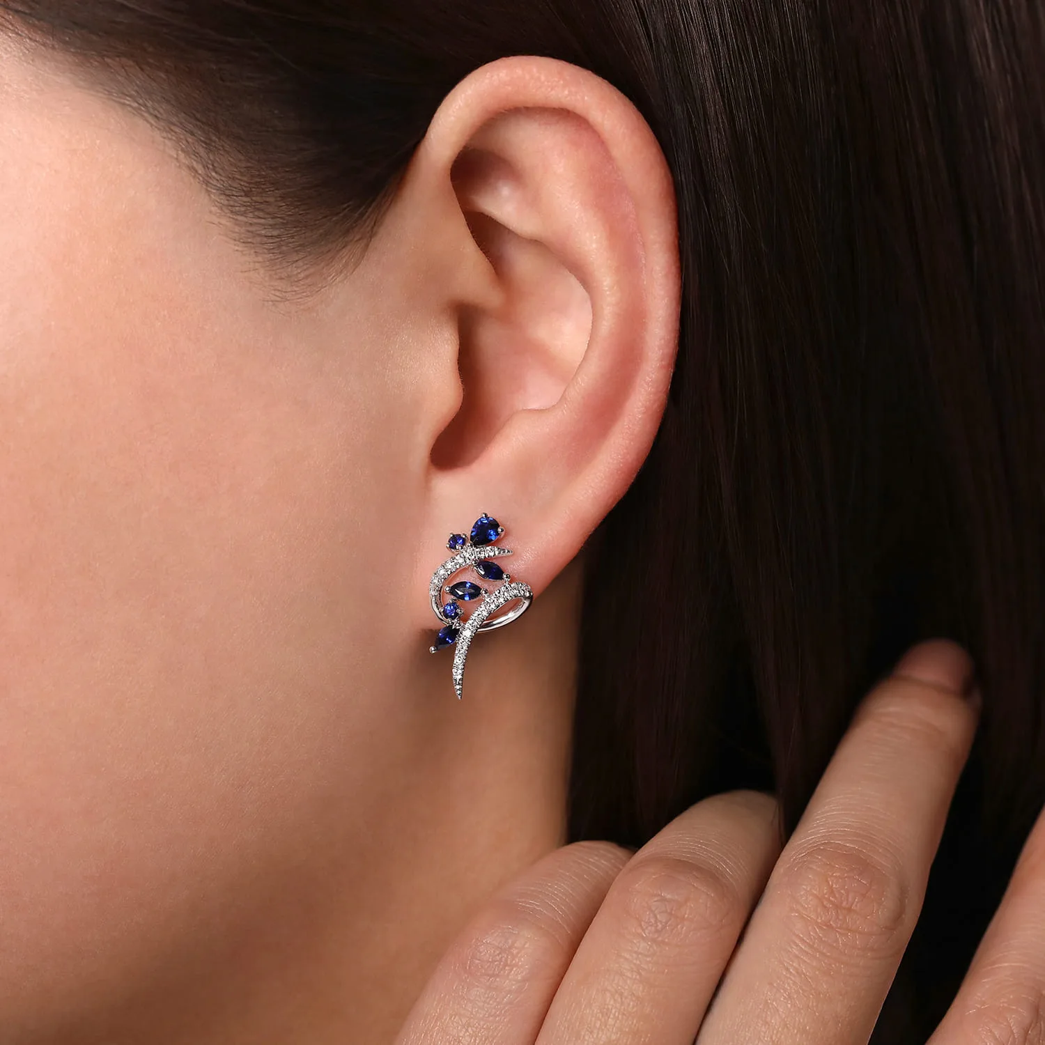Twisted Abstract Sapphire and Diamond Stud Earrings in 14K White Gold, photograph 2