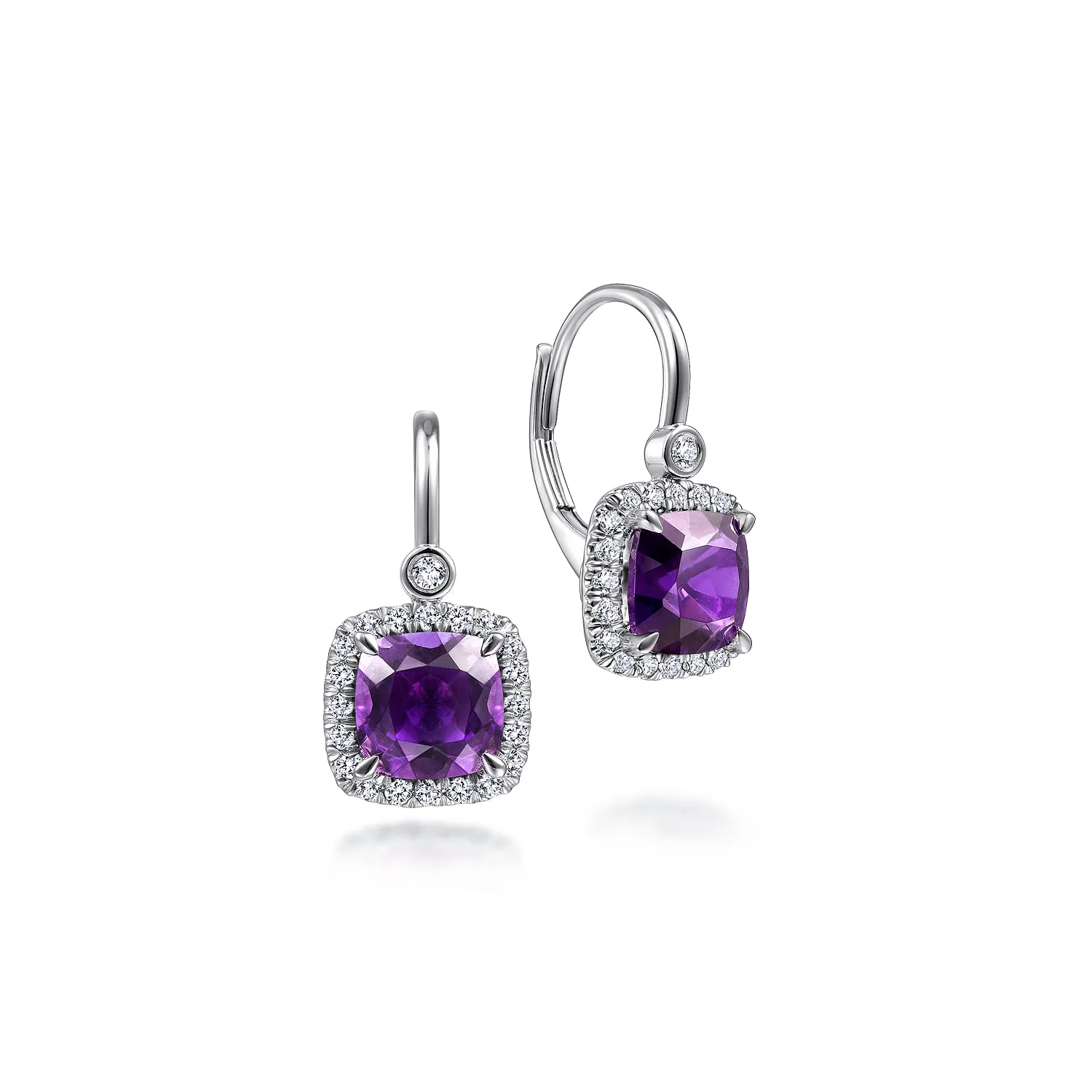 Cushion Cut Amethyst and Diamond Halo Drop Earrings