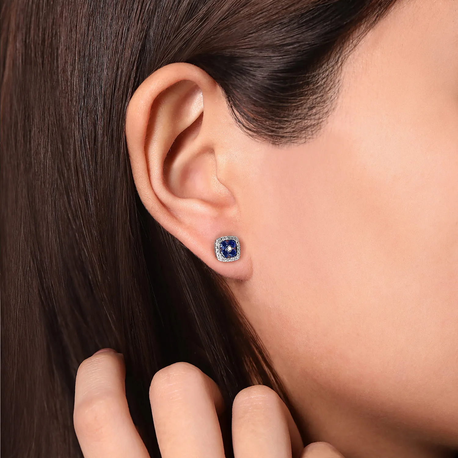 Diamond and Sapphire Stud Earrings in 14K White Gold, photograph 2