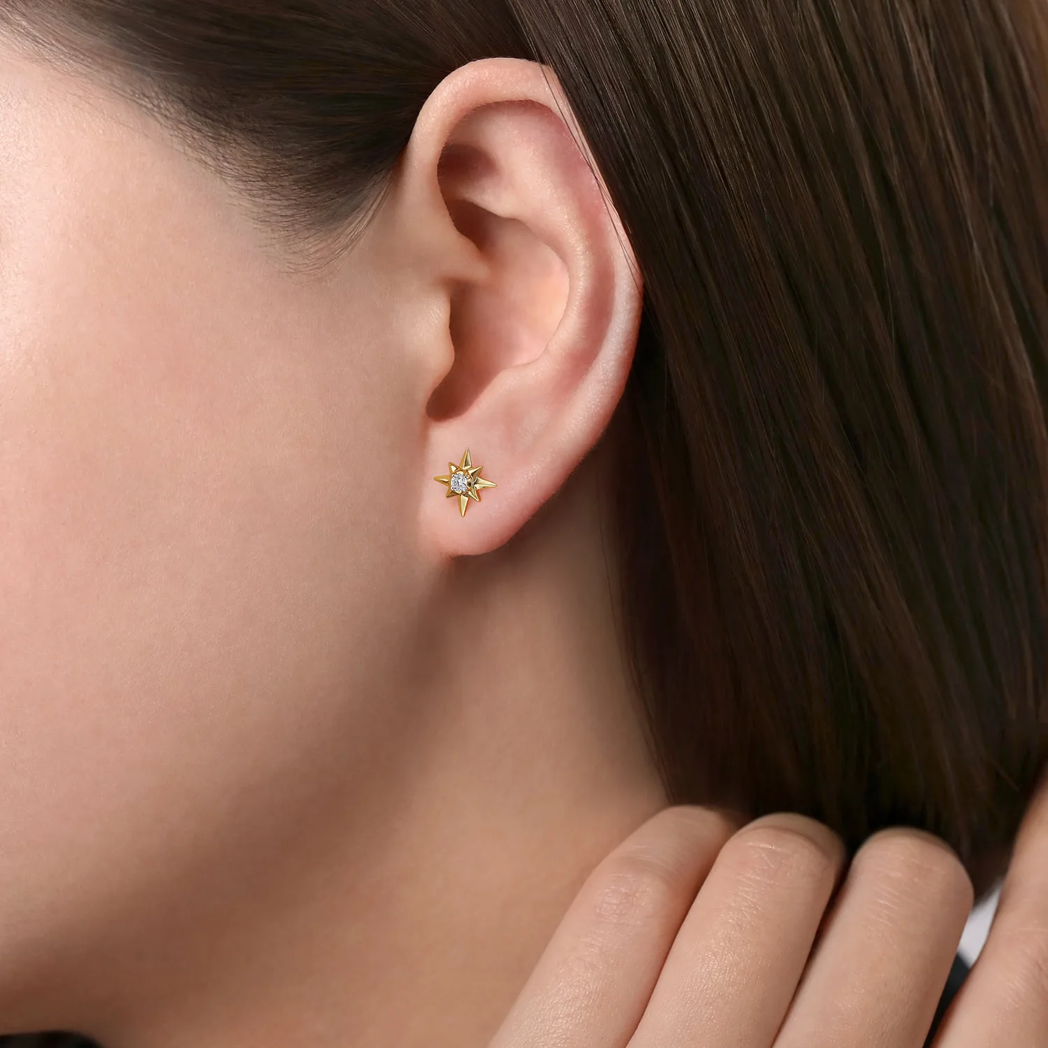 Diamond Star Stud Earrings in 14K Yellow Gold, photograph 2