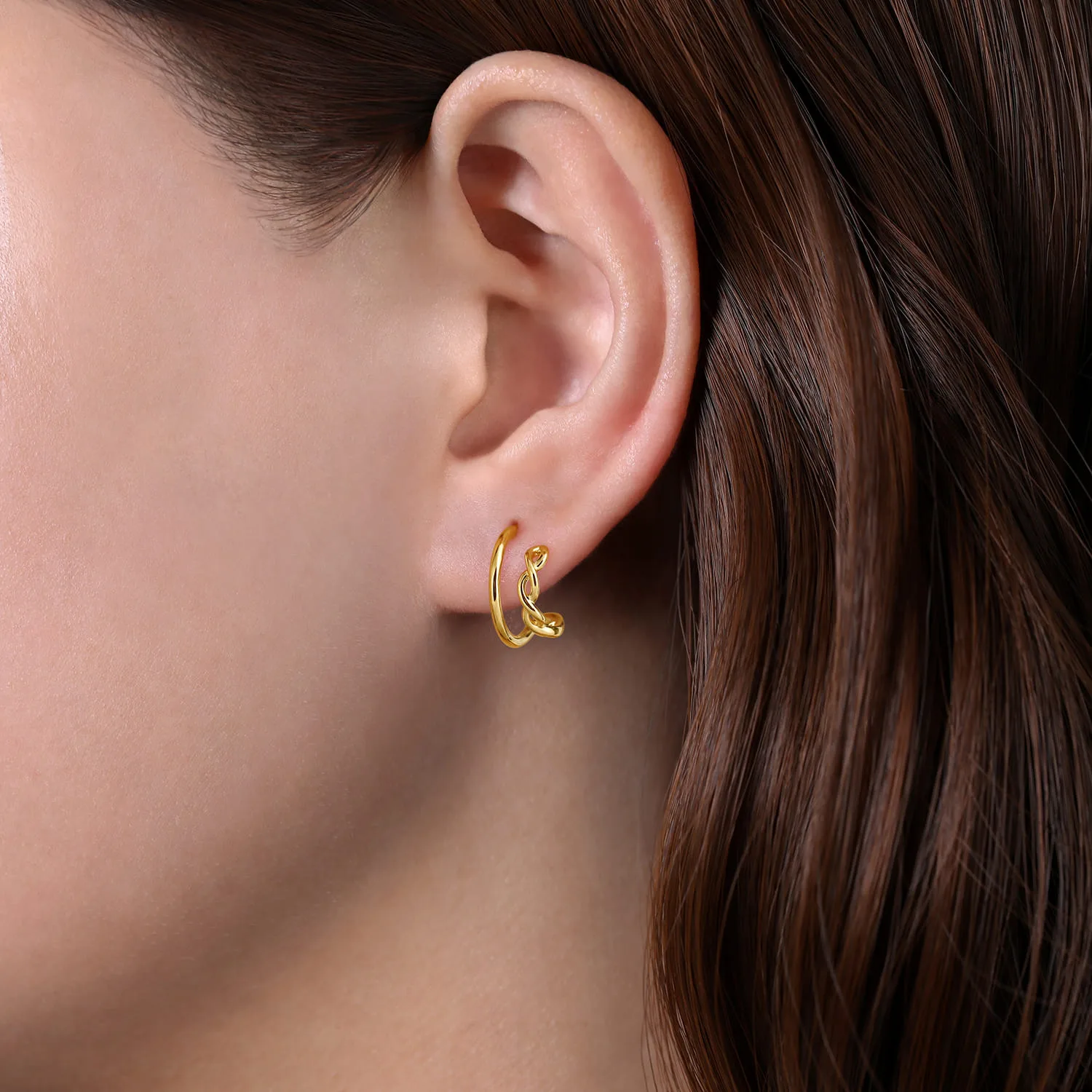 Split J Shape Stud Earrings in 14K Yellow Gold, photograph 2