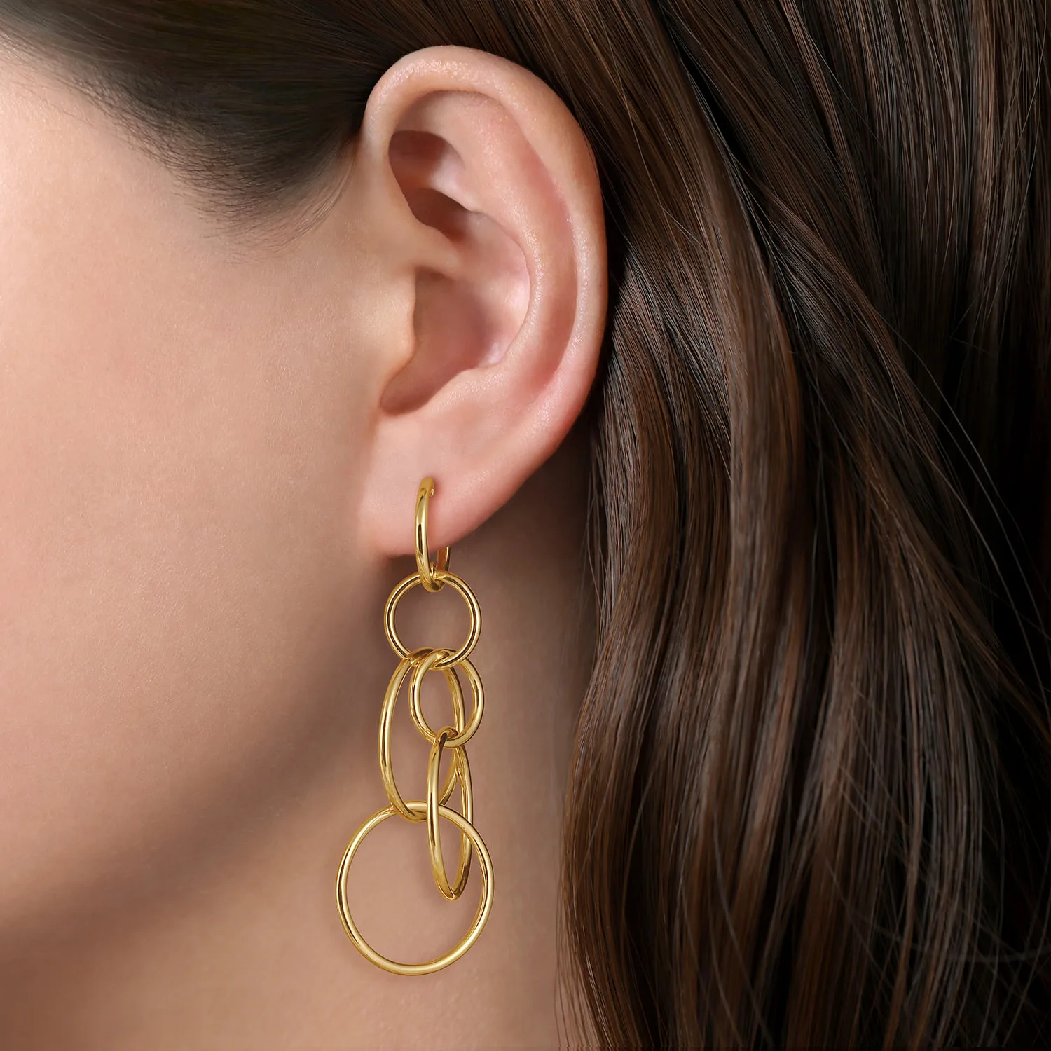 Multi Circles Huggie Drop Earrings in 14K Yellow Gold, photograph 2