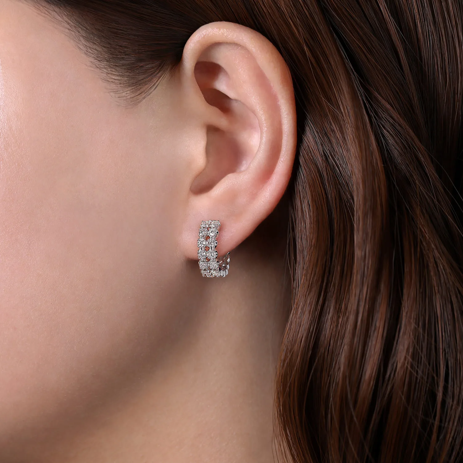 15mm 2 Row Diamond Huggie Earrings in 14K White Gold, photograph 2