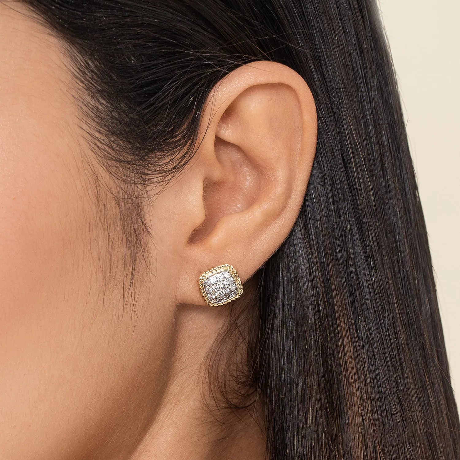 Pave Diamond Stud Earrings in 14K Yellow Gold, photograph 2