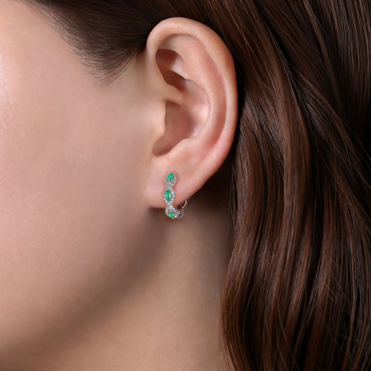 15mm Diamond and Emerald Earrings in 14K White Gold, photograph 2