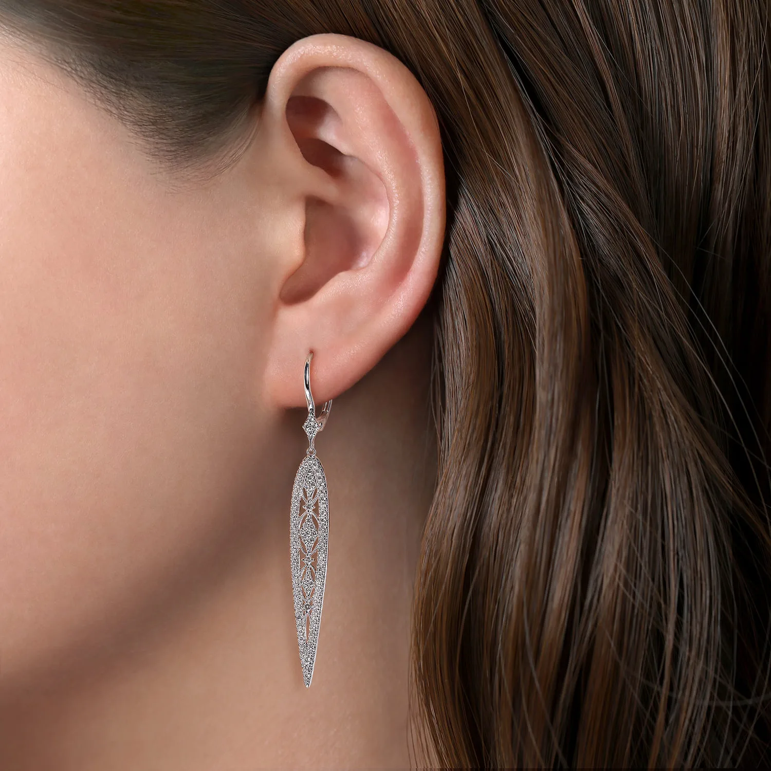 Long Teardrop Diamond Earrings in 14K White Gold, photograph 2