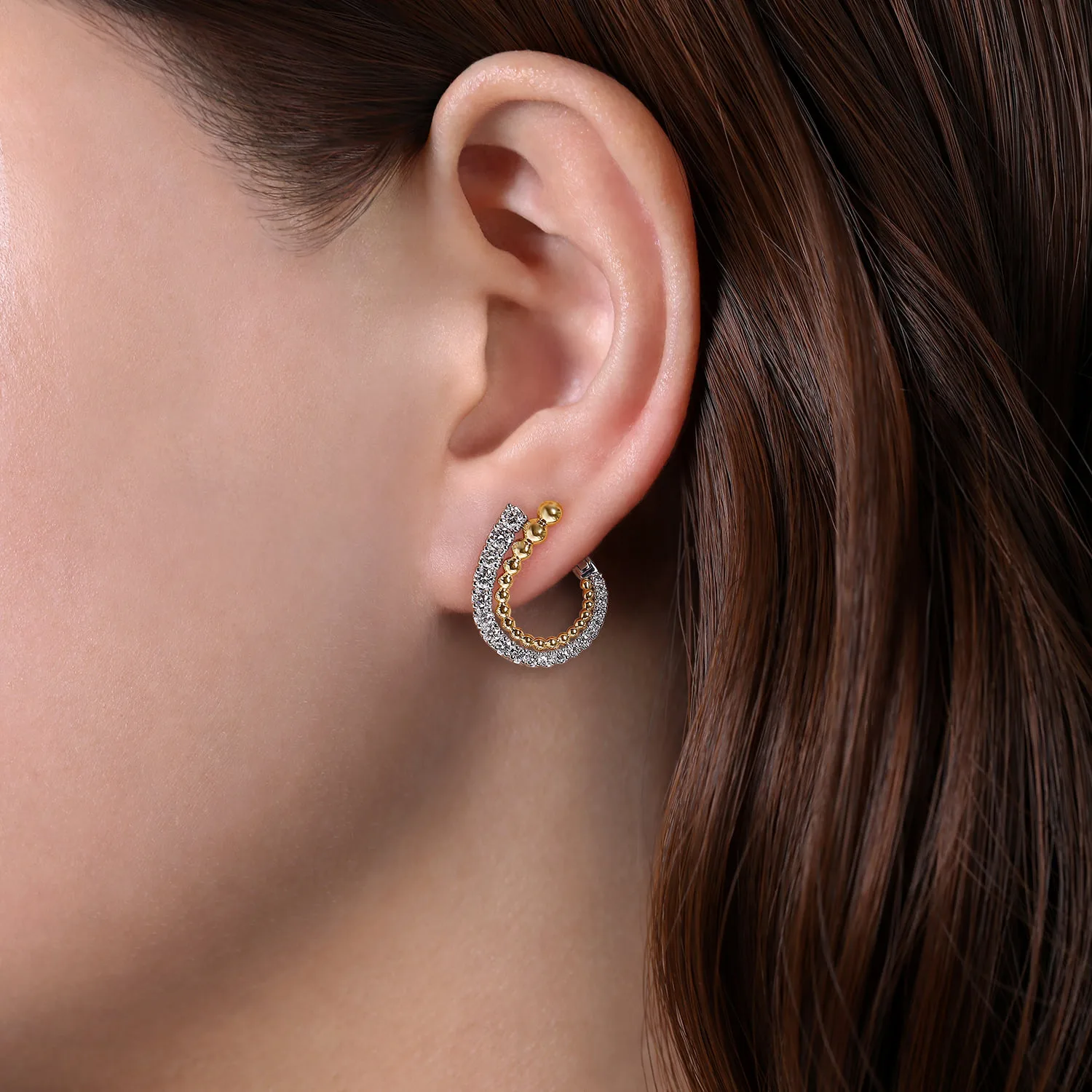 20mm Diamond Bypass Hoop Earrings in 14K White/Yellow Gold, photograph 2