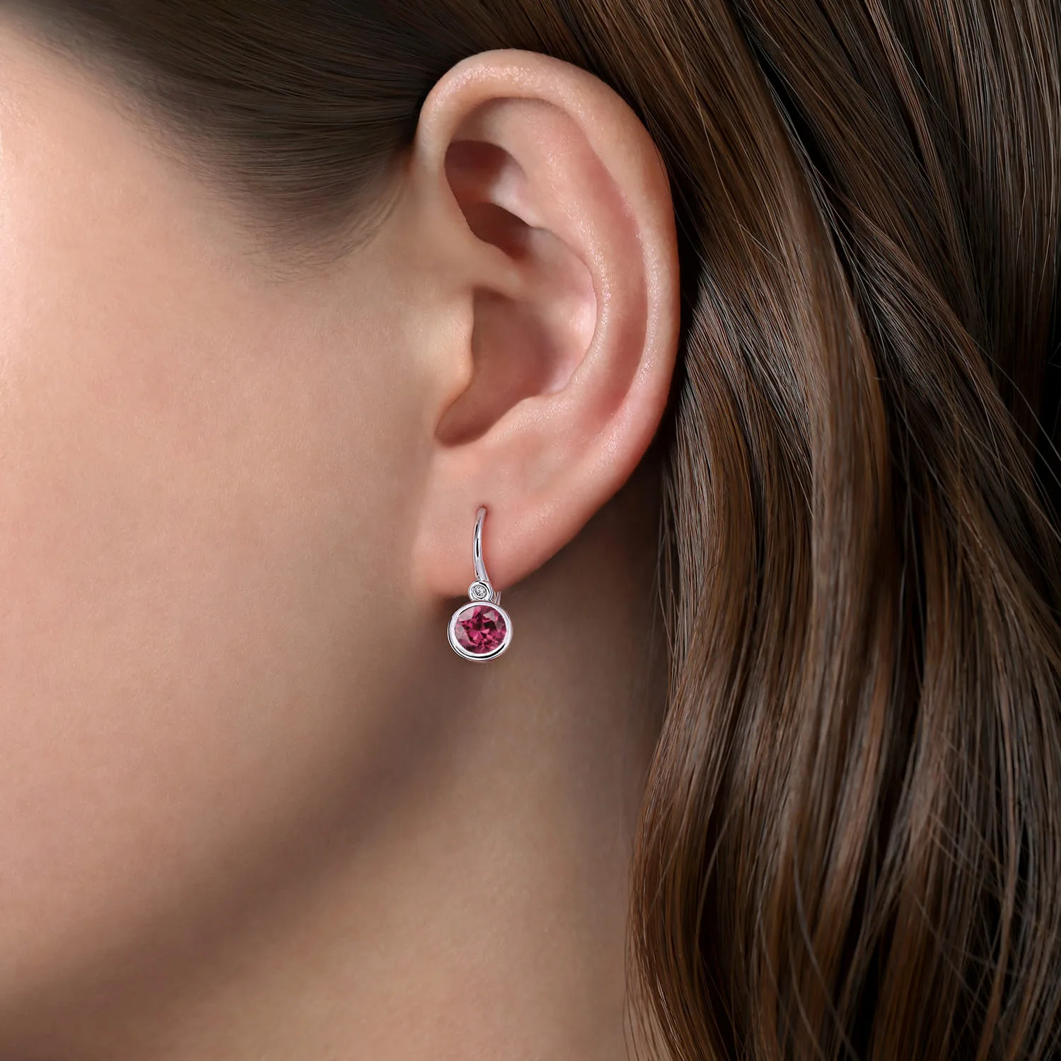 Pink Tourmaline and Diamond Leverback Earrings in Sterling Silver, photograph 2