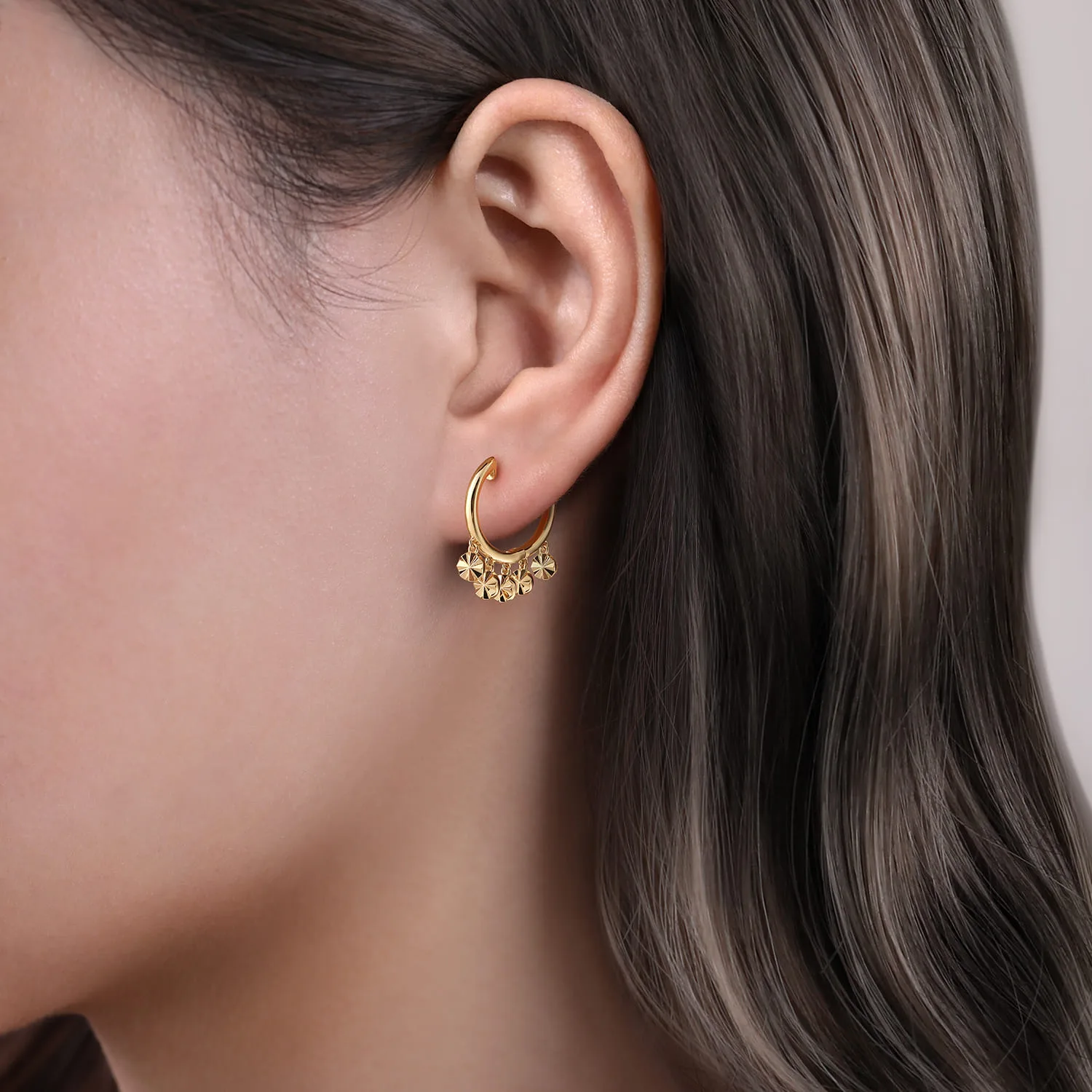 Huggies with Disc Drops in 14K Yellow Gold, photograph 2