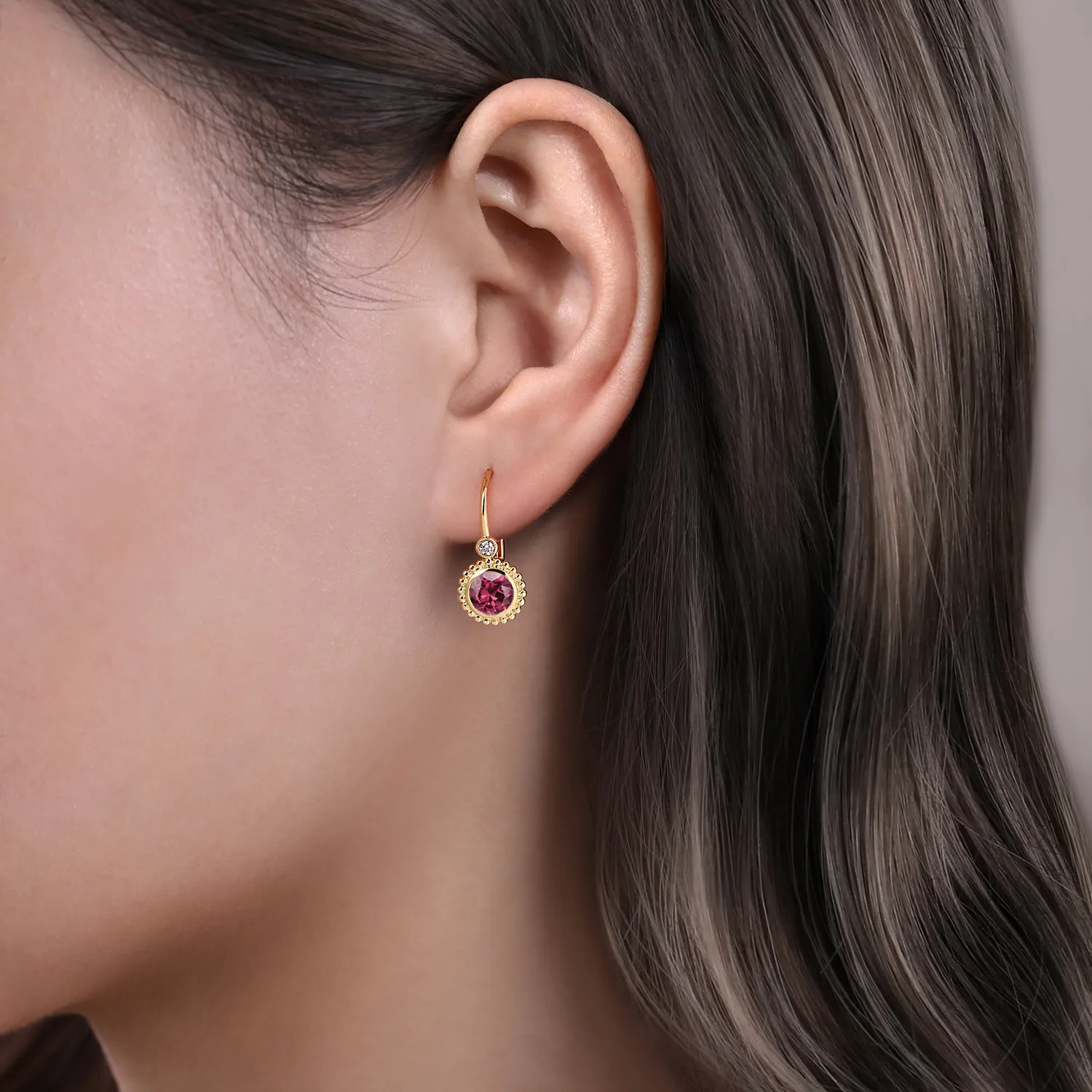 Diamond And Pink Tourmaline Bujukan Drop Earrings in 14K Yellow Gold, photograph 2