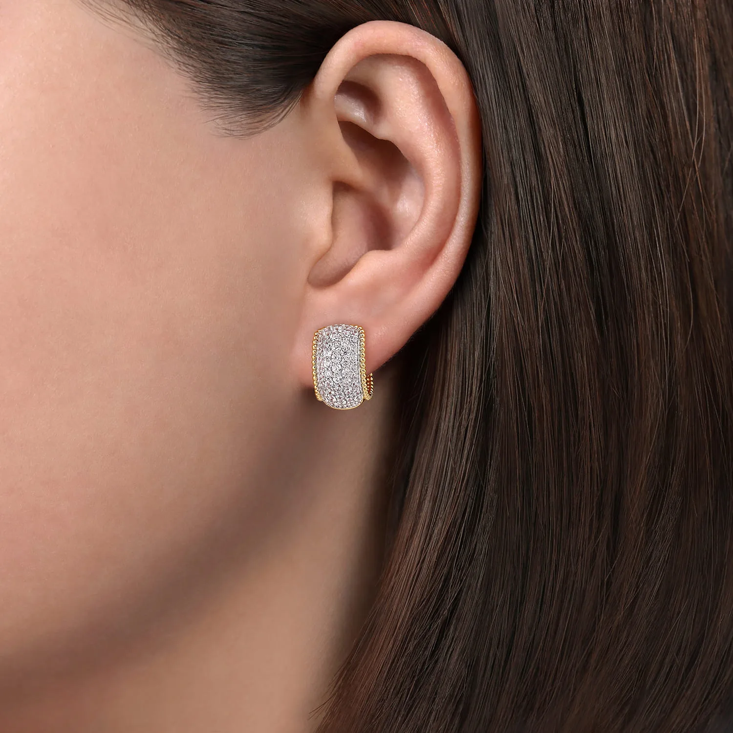 Bujukan Huggie Pave Diamond Earrings in 14K White/Yellow Gold, photograph 2