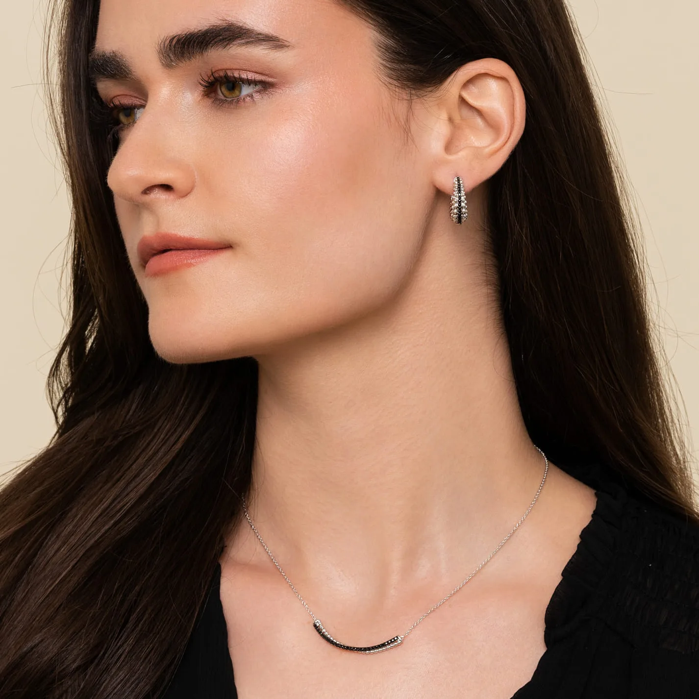 Black Spinel Bujukan Classic Hoop Earrings in Sterling Silver, photograph 3