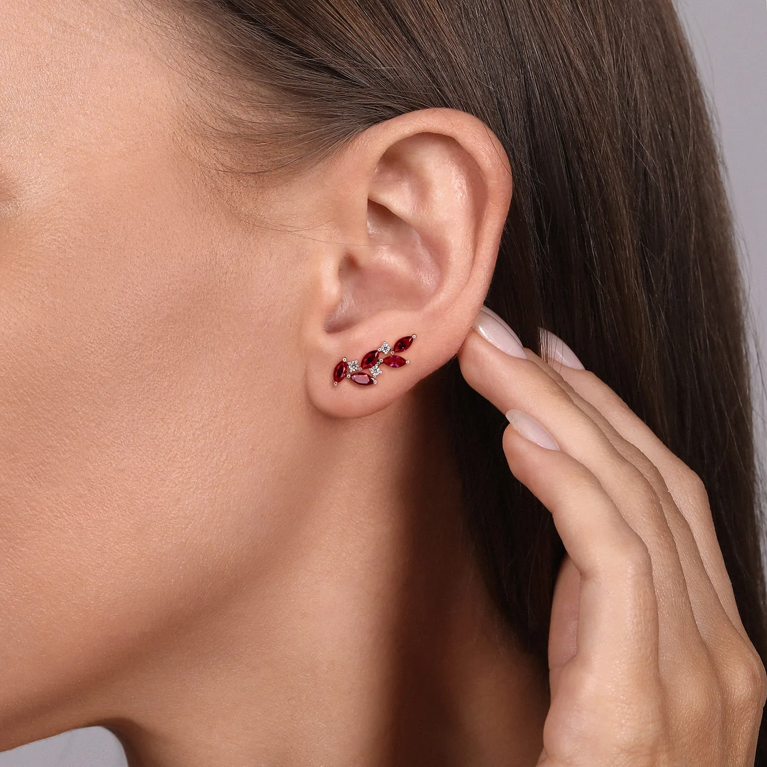 Diamond and Ruby Ear Climber Stud Earrings in 14K White Gold, photograph 2